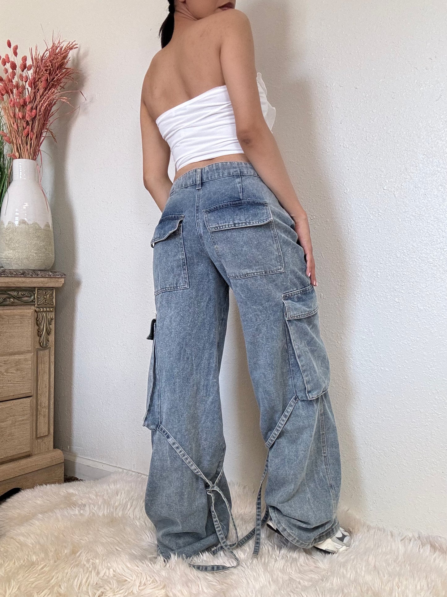 Essential Denim Cargo Pants -Medium Blue