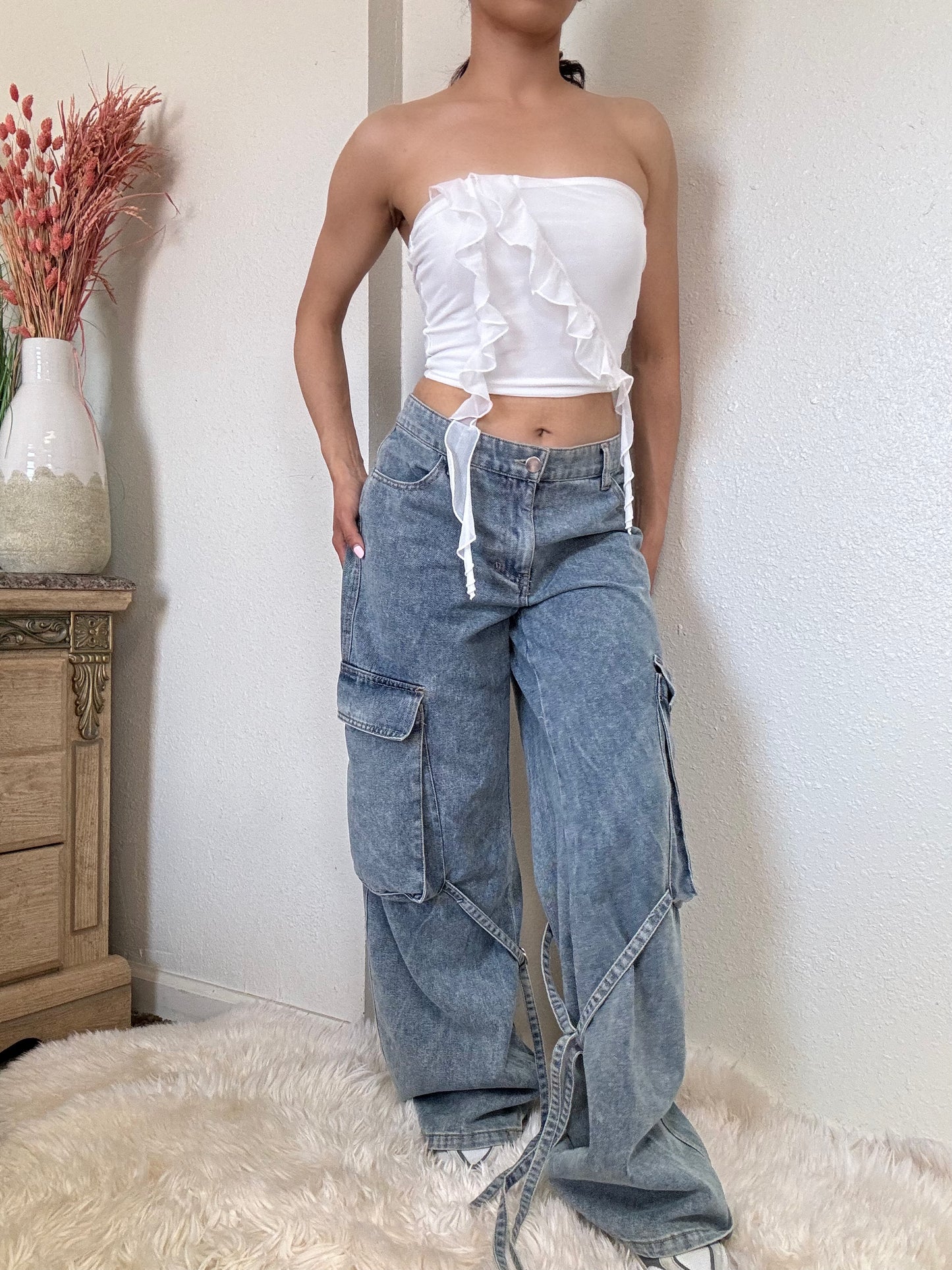 Essential Denim Cargo Pants -Medium Blue