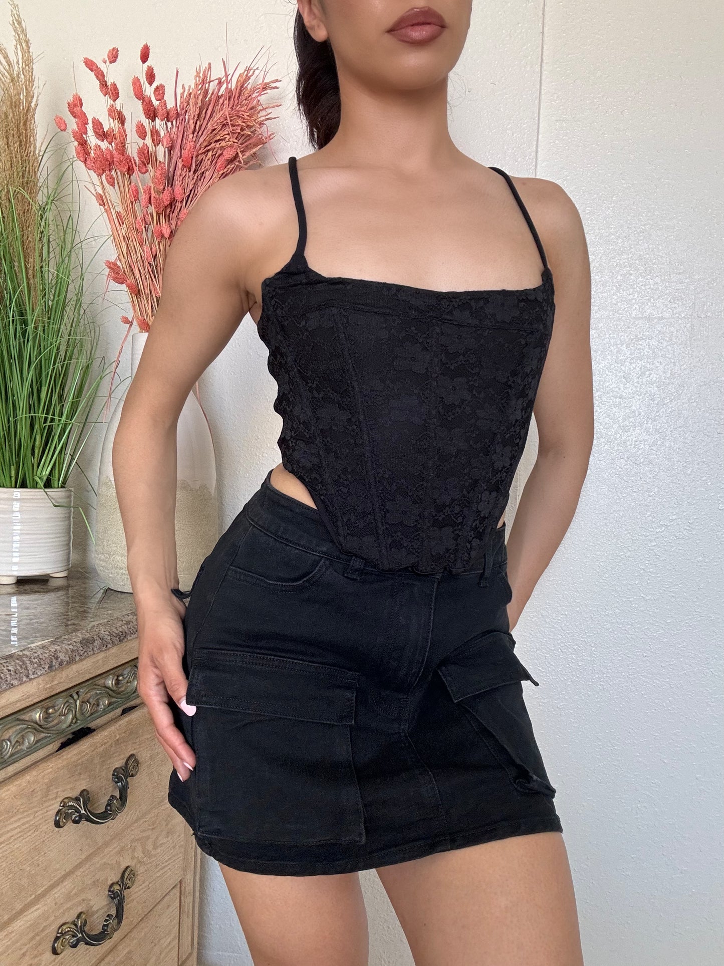 Mini Cargo Denim Skirt -Black