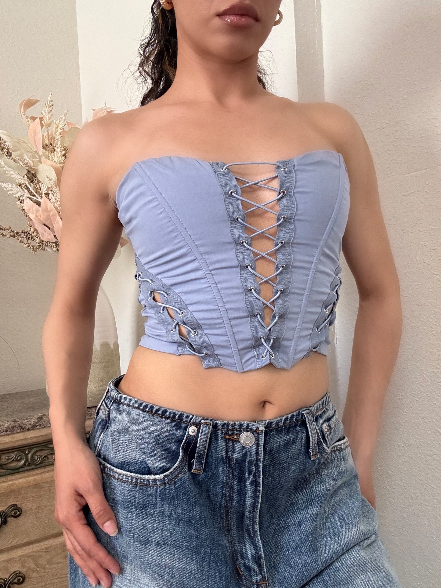 Stretch Poplin Tie Corset Top -French Blue