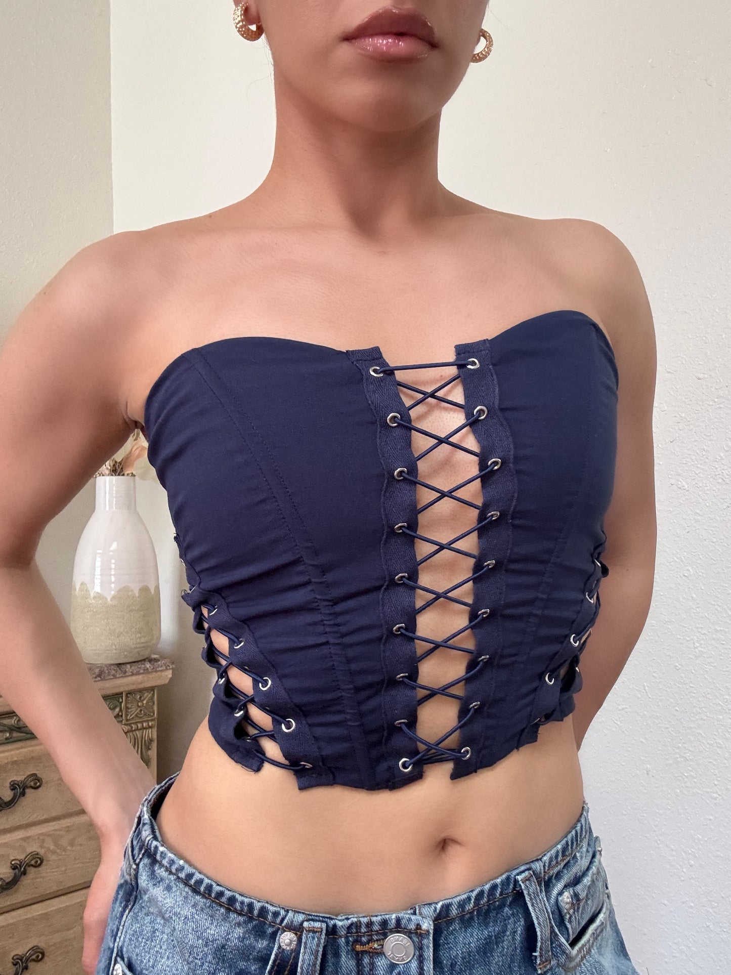 Stretch Poplin Tie Corset Top -Navy