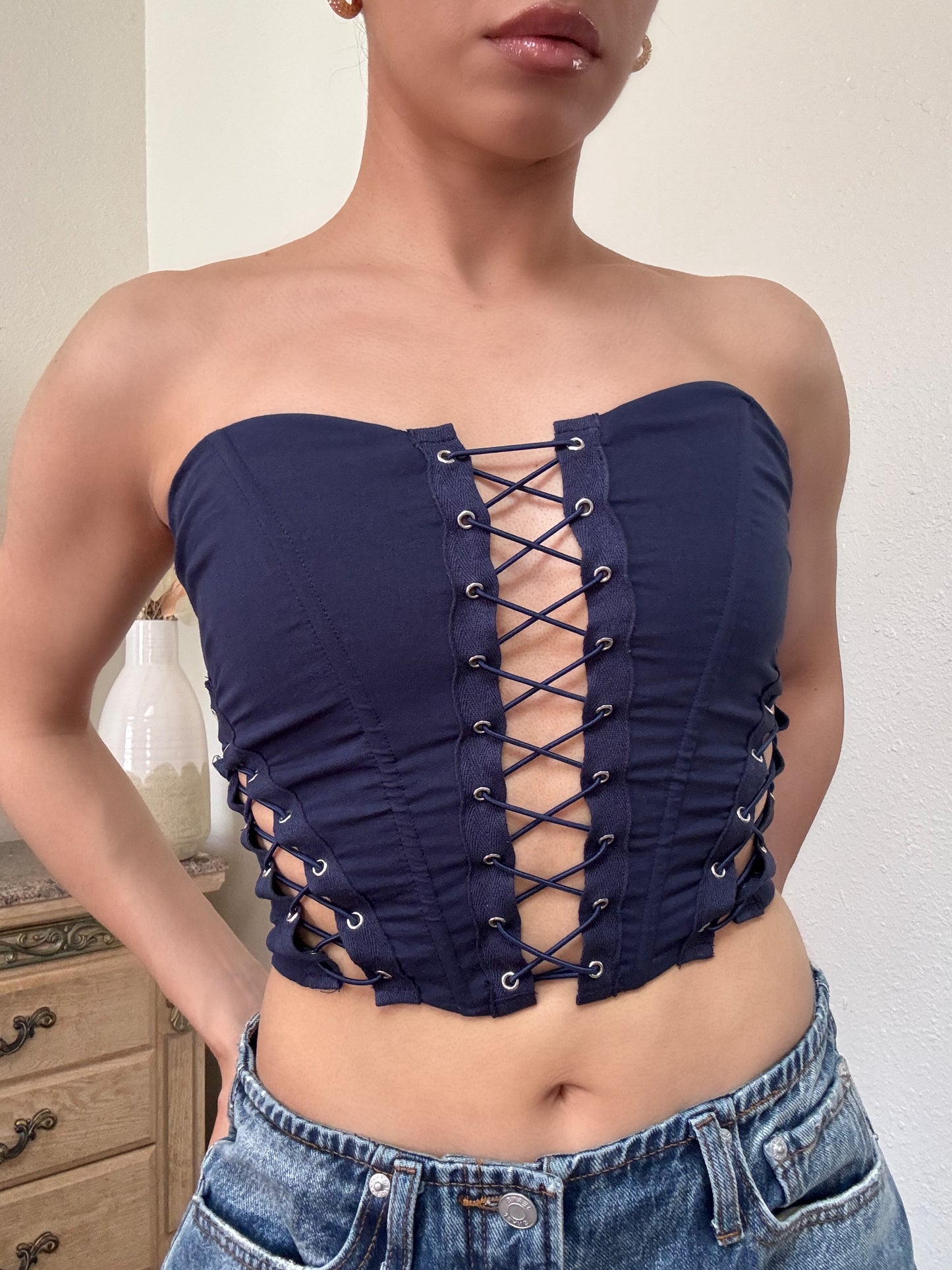 Stretch Poplin Tie Corset Top -Navy
