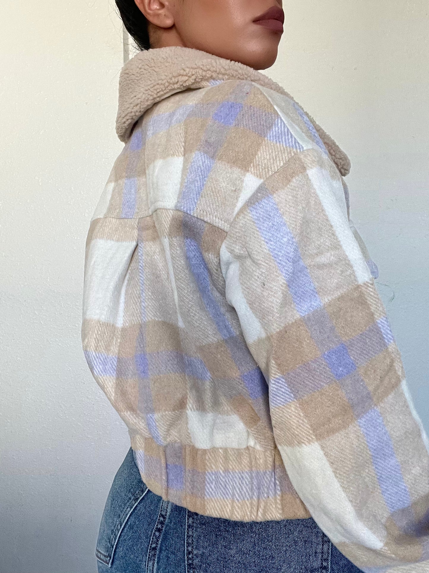 Plaid Sherpa Cropped Jacket -Tan