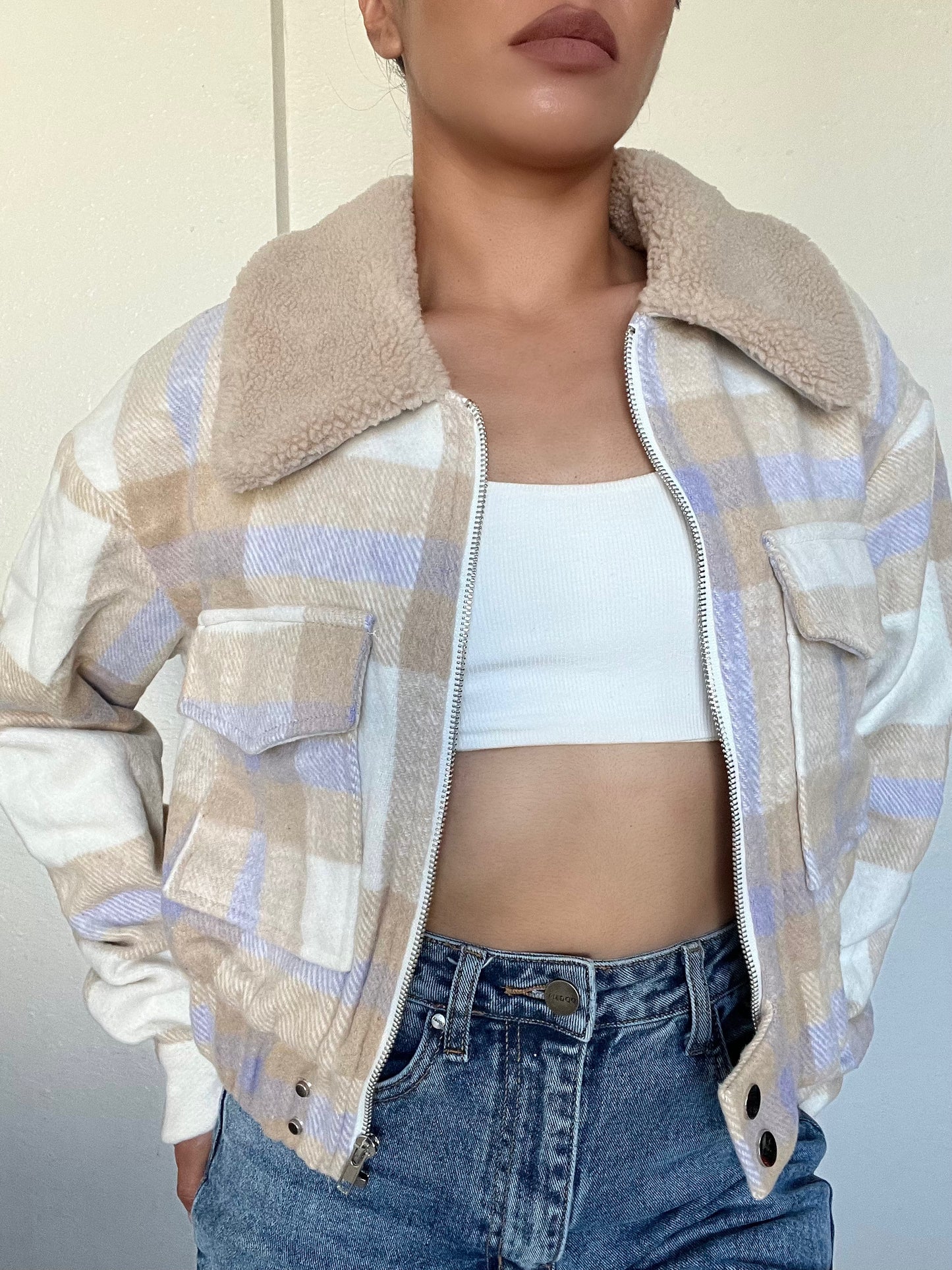 Plaid Sherpa Cropped Jacket -Tan