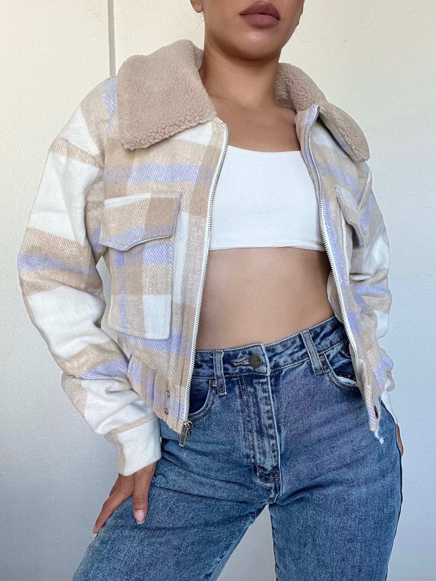 Plaid Sherpa Cropped Jacket -Tan