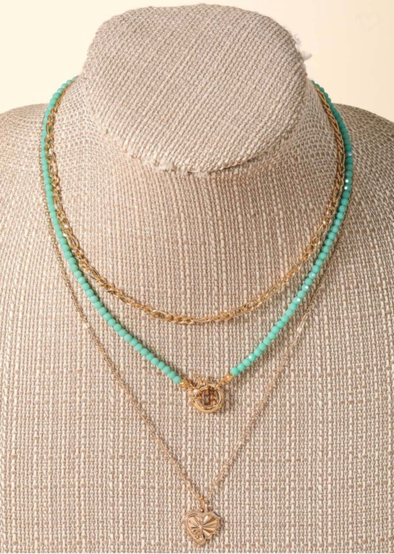 Heart Pendant Layered Bead Chain Necklace -Gold