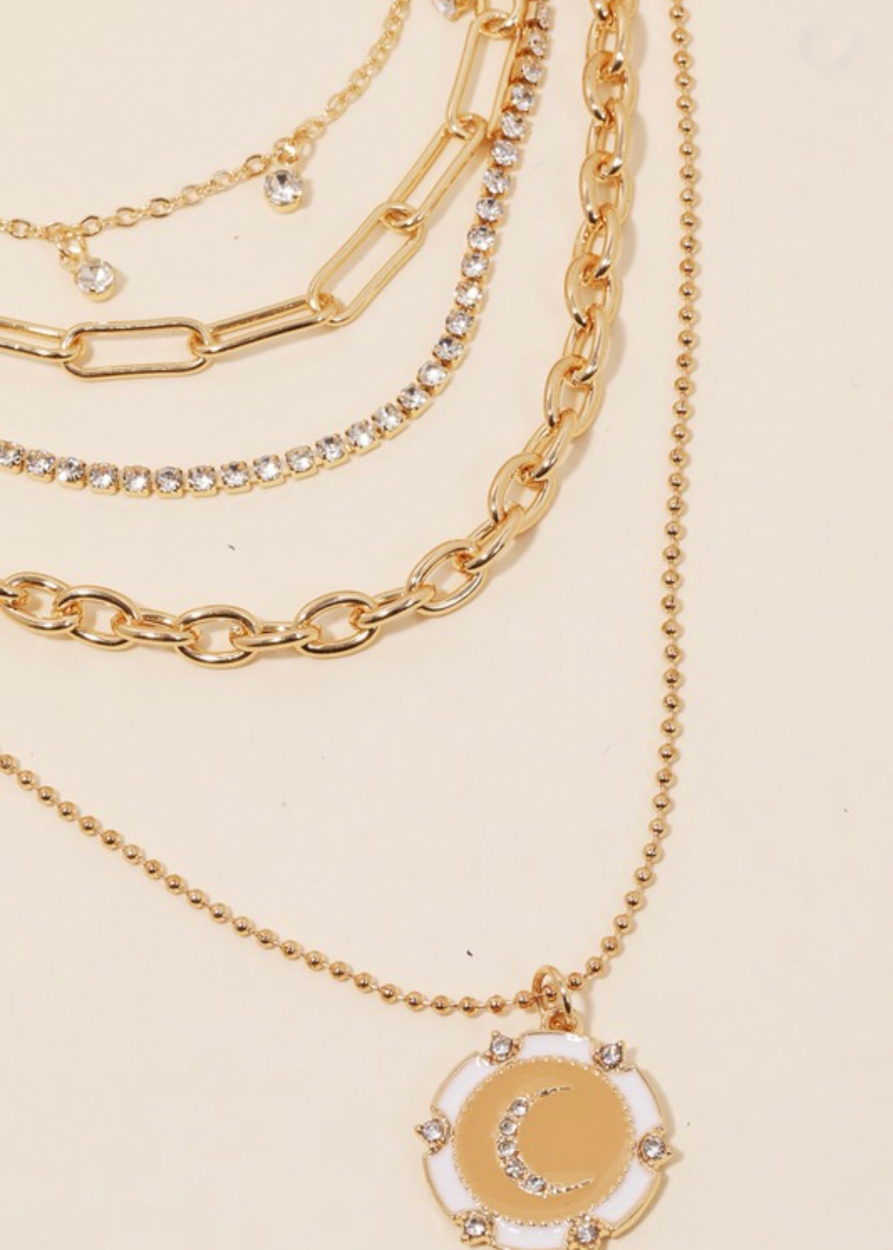 Multi Layered Chain Moon Disk Pendant Necklace -Gold