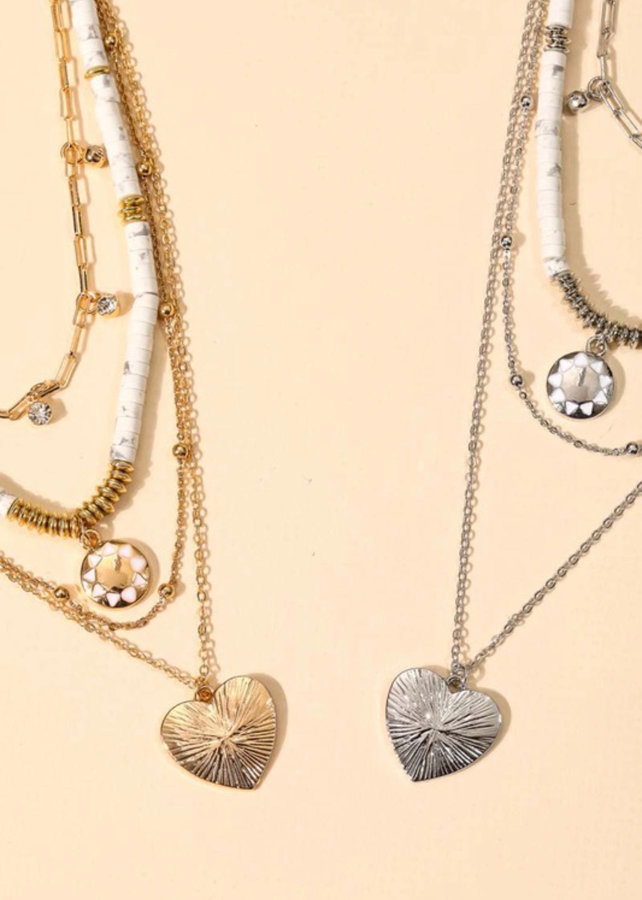 Layered Chain Bead Heart Pendant Necklace -Gold