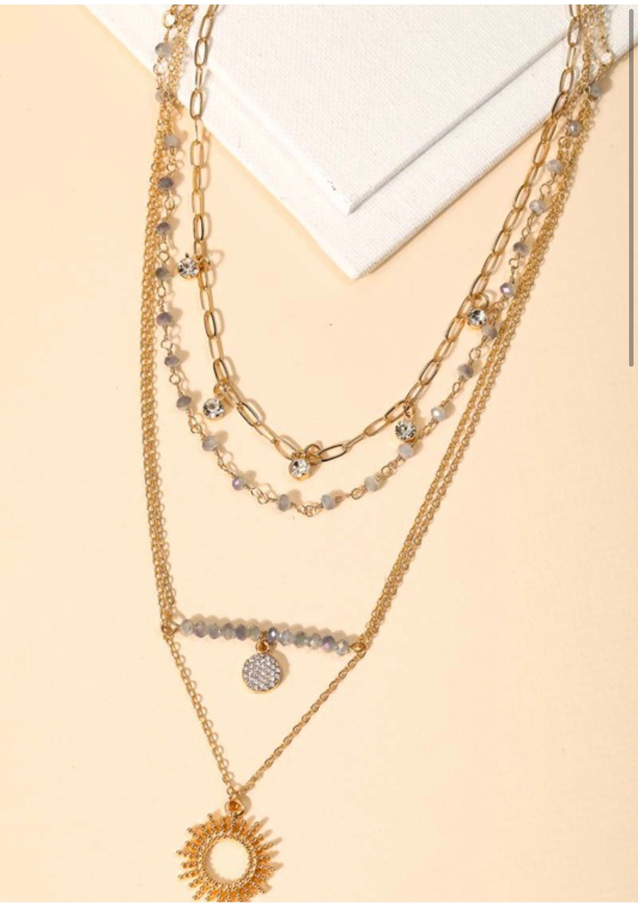 Layered chain circle sun cutout charm necklace -Gold