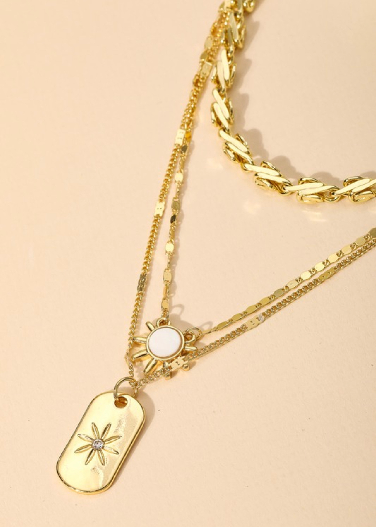 Oval Sun Pendant Layered Necklace -Gold
