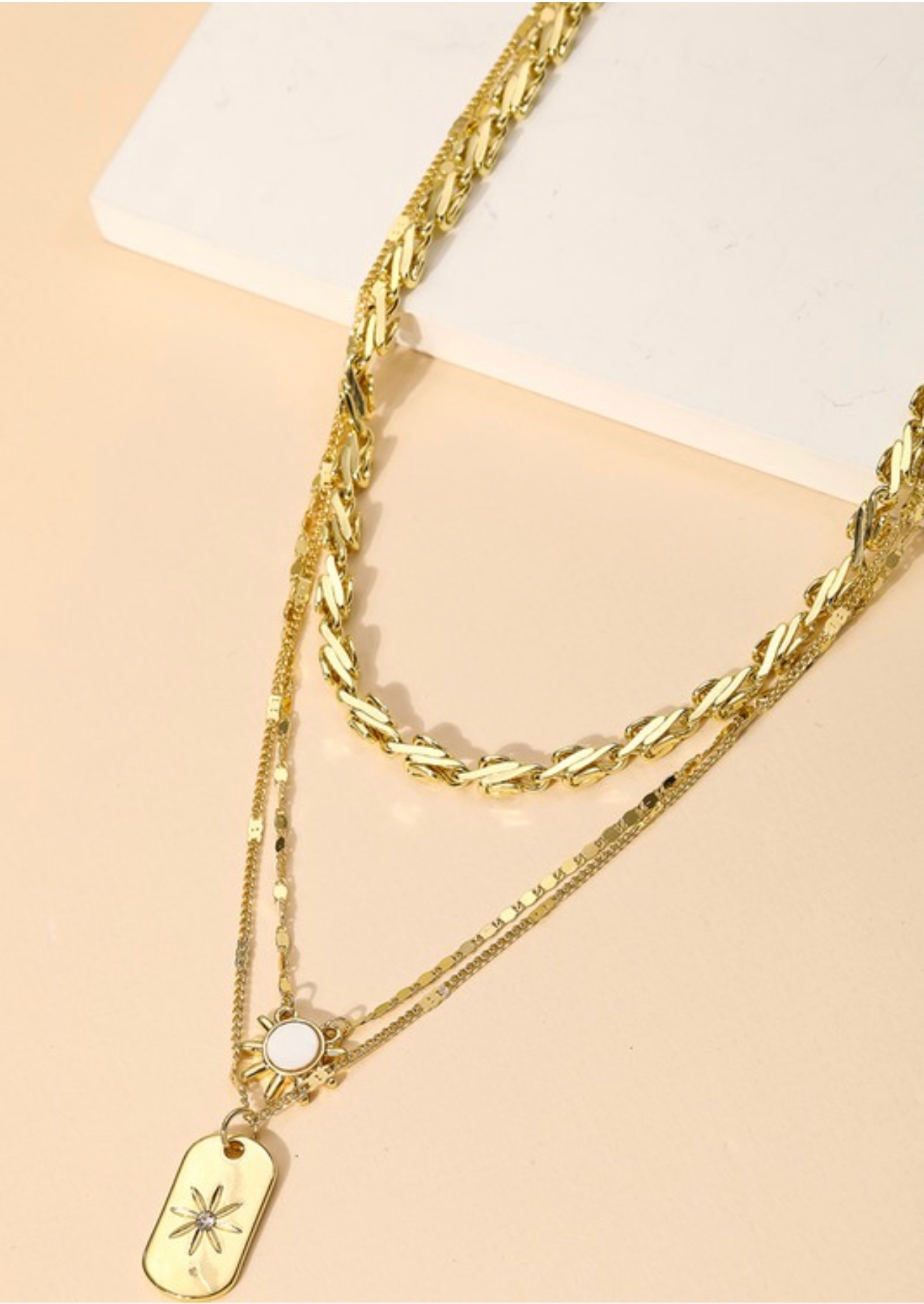 Oval Sun Pendant Layered Necklace -Gold