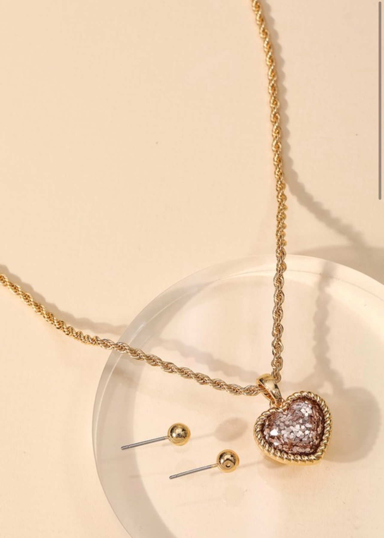 Glitter Heart Pendant Necklace Set -Gold/Rose Gold