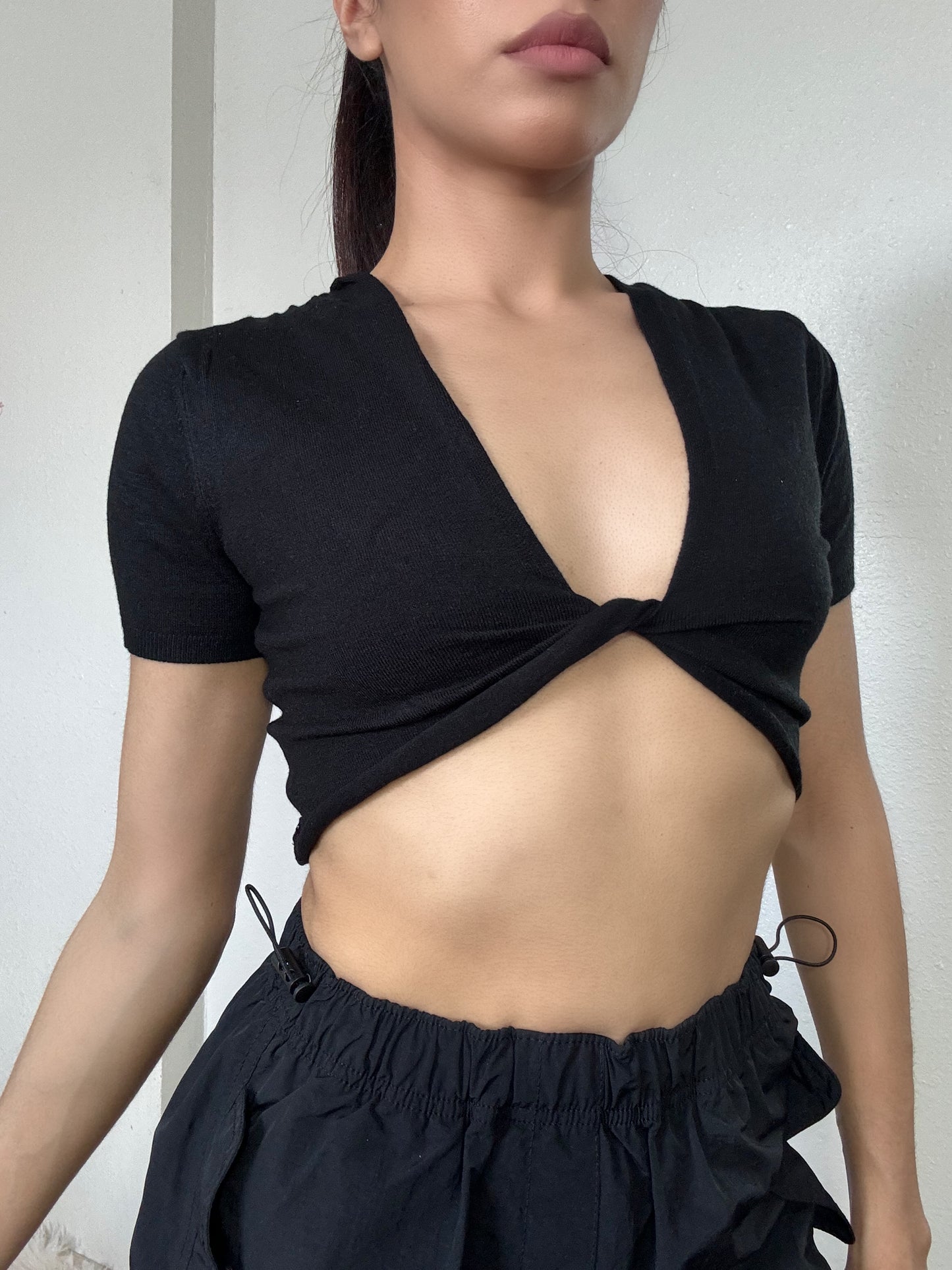 Twist Front Short Sleeve Top -Black