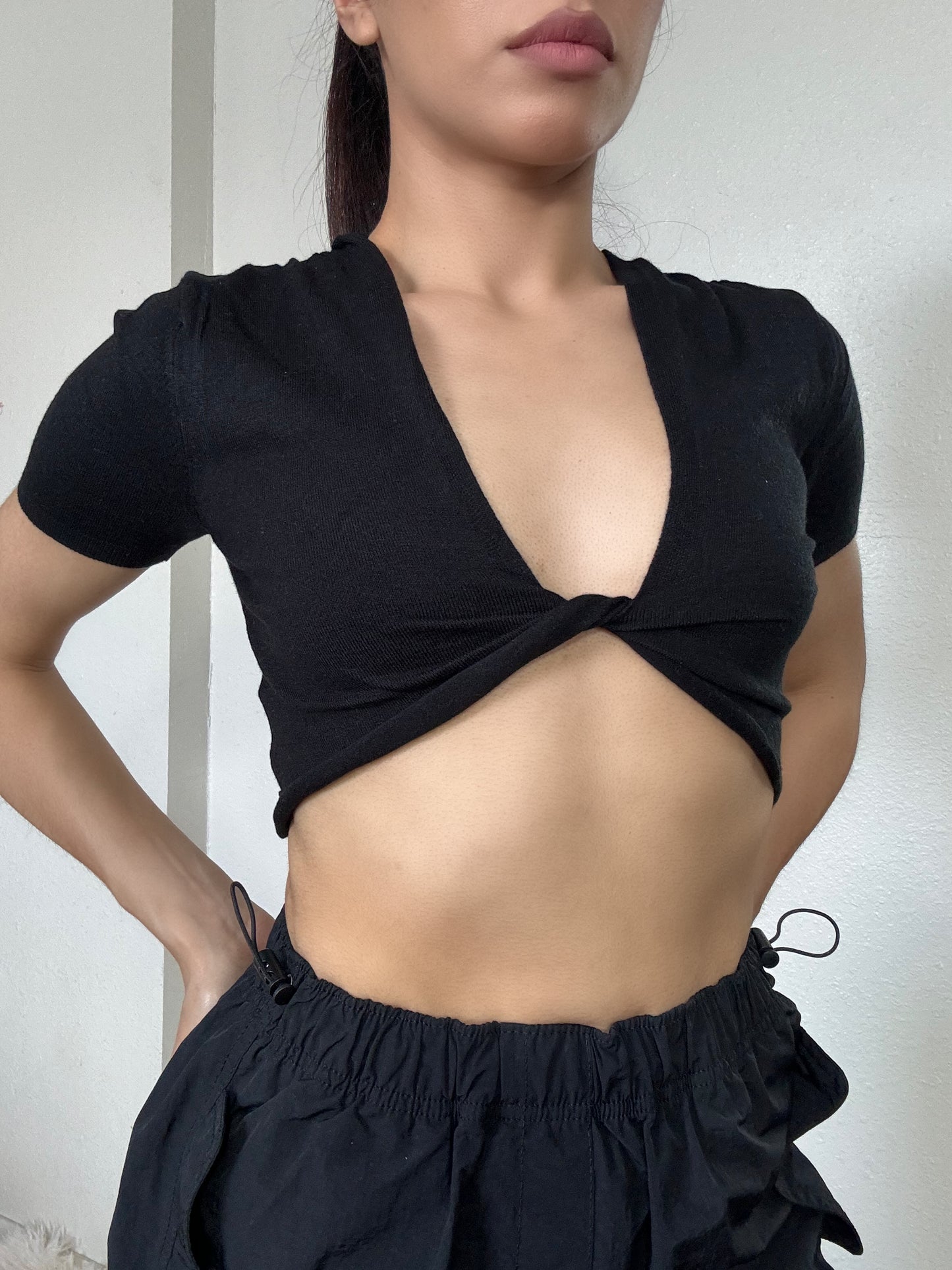 Twist Front Short Sleeve Top -Black