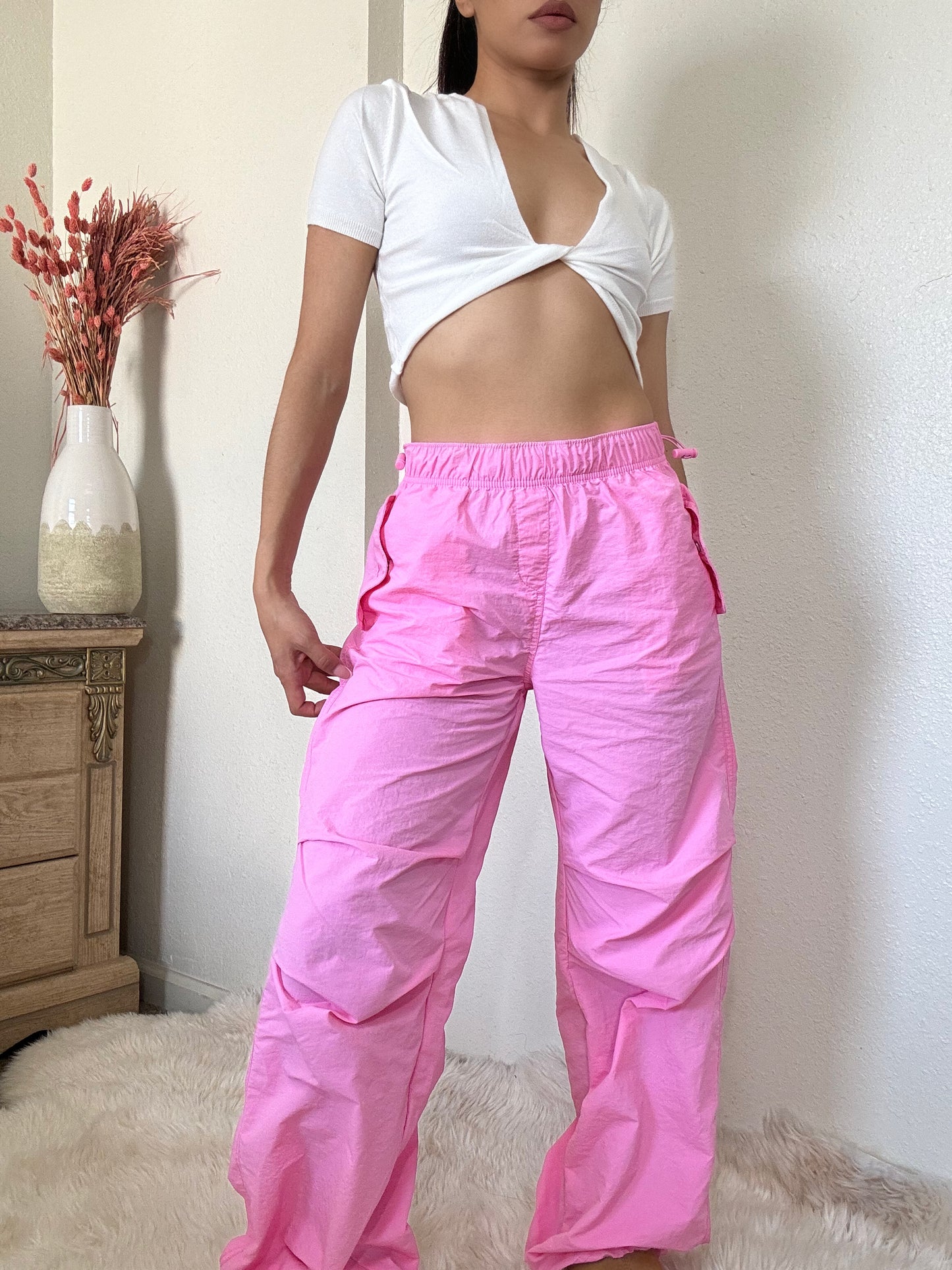 Loose Fit Parachute Pants -Pink
