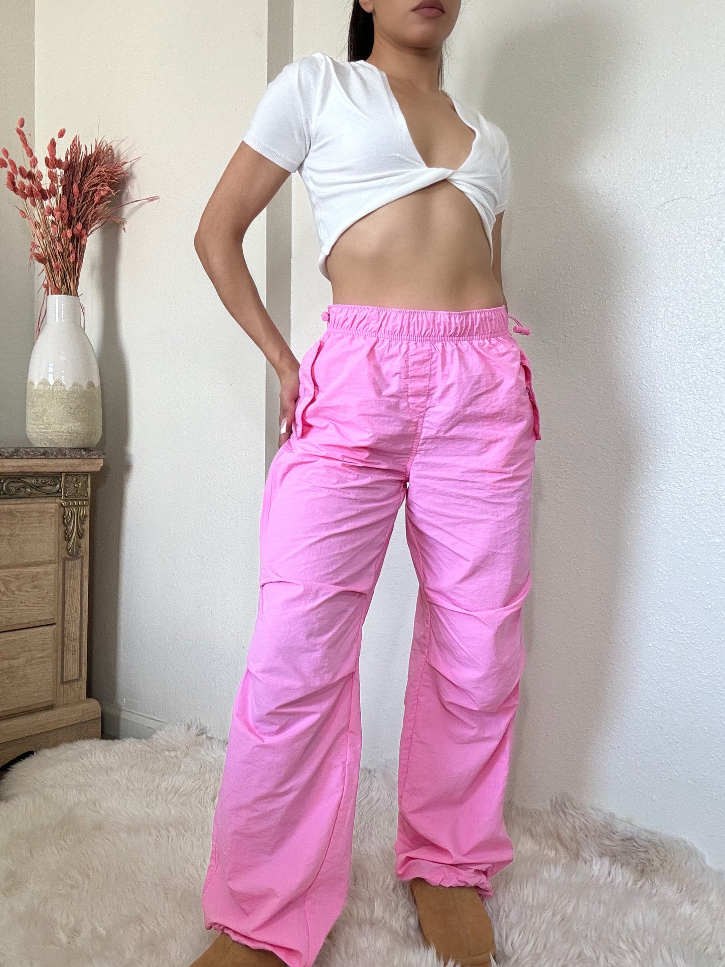 Loose Fit Parachute Pants -Pink