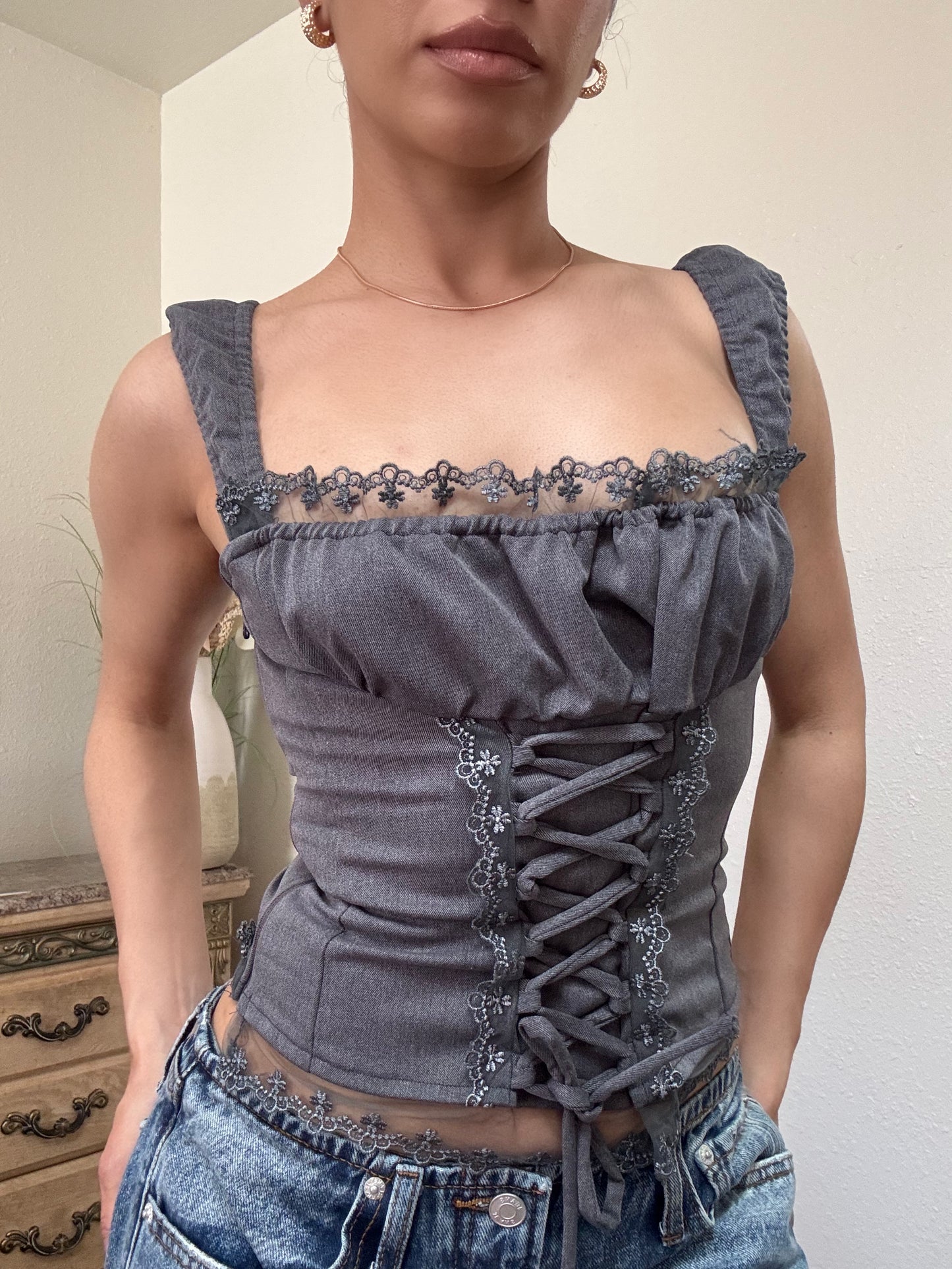 Luna Twill Corset Top -Charcoal