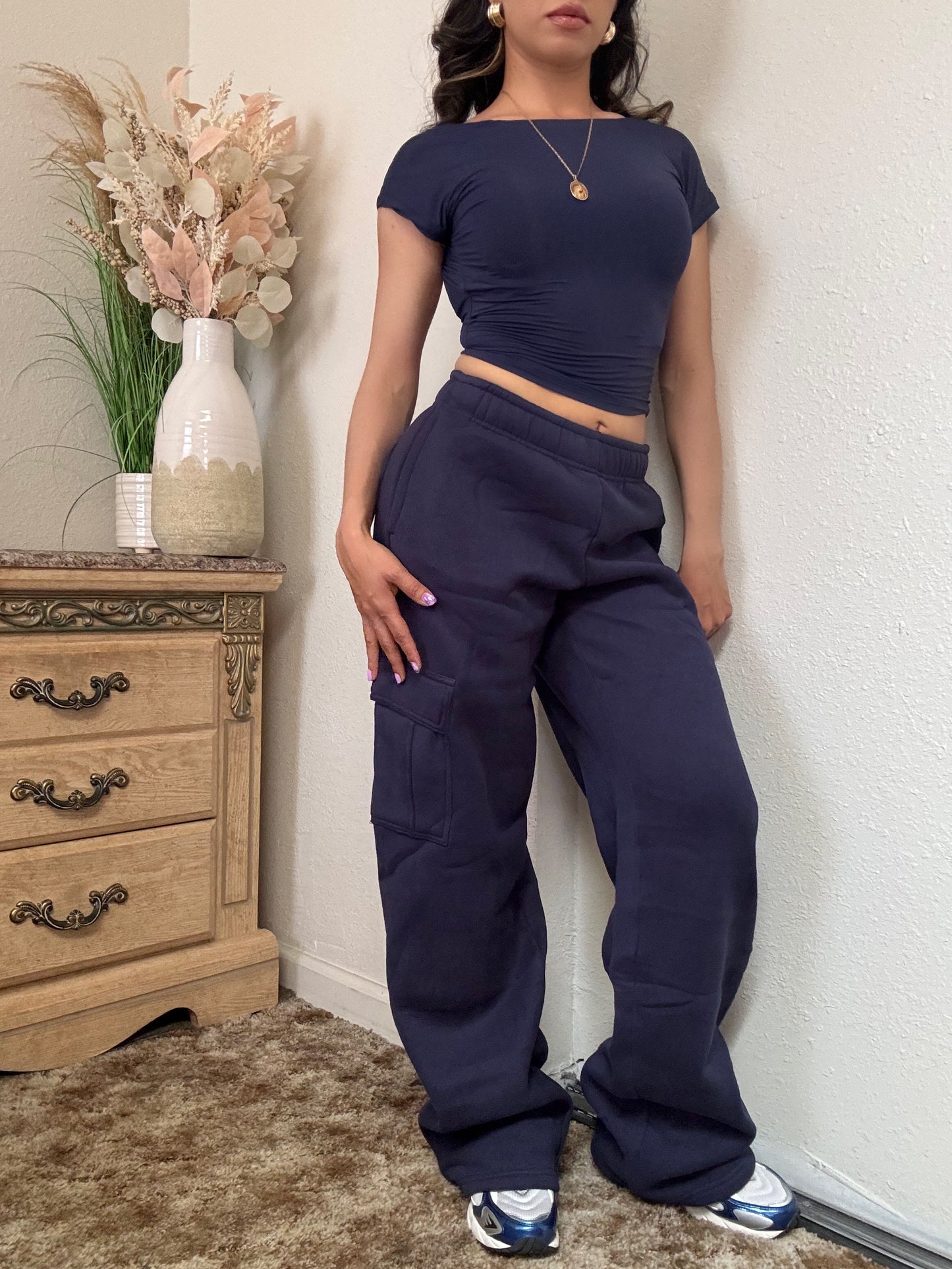 Essential Fleece Cargo Sweatpants (Navy)