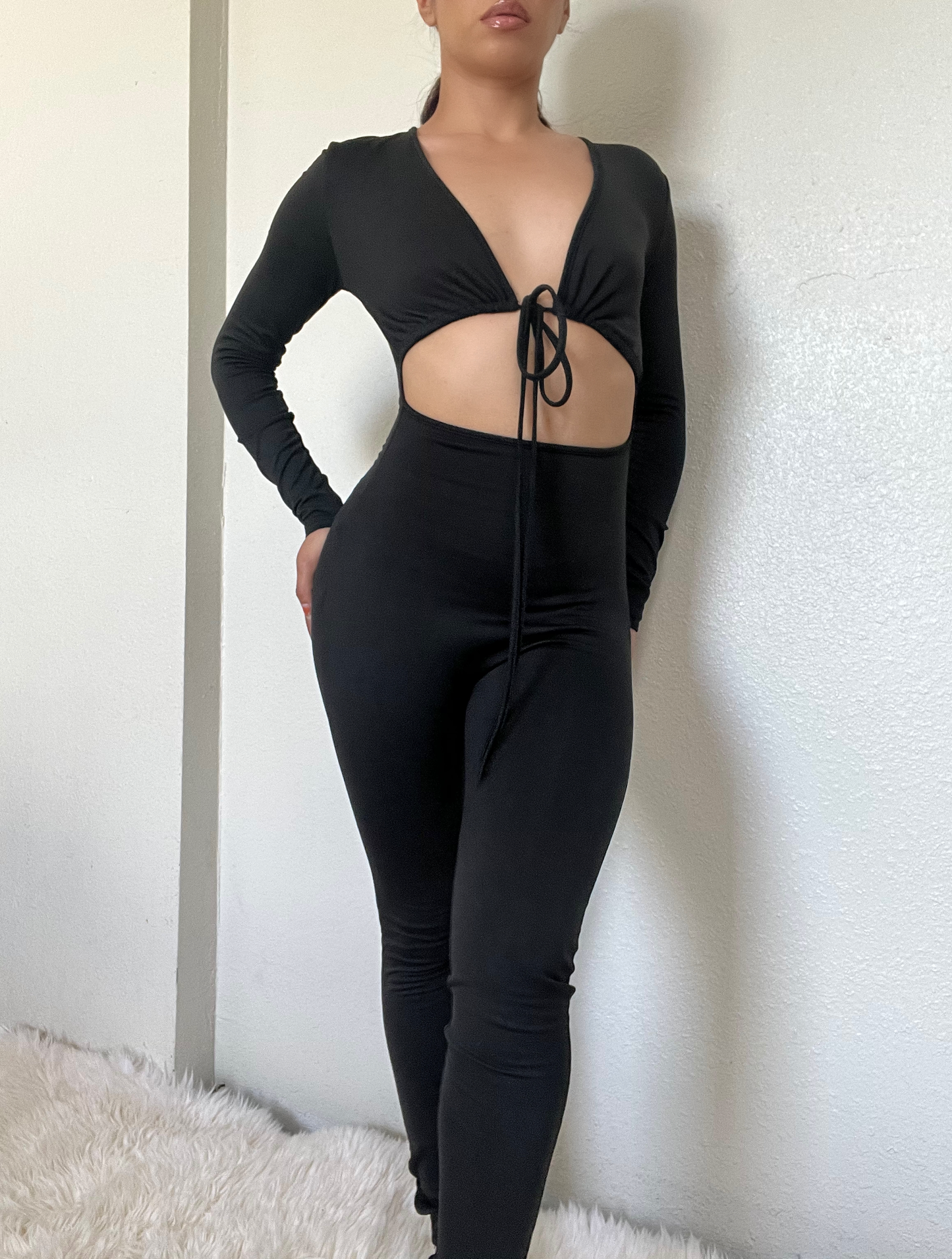 Cutout Long Sleeve Jumpsuit -Black