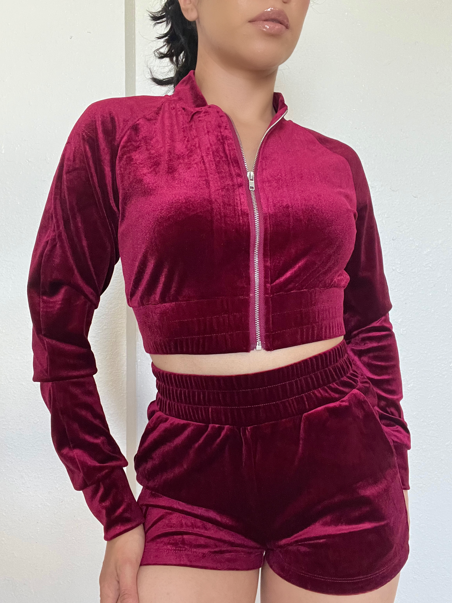Velour Two Piece Short Set -Wine