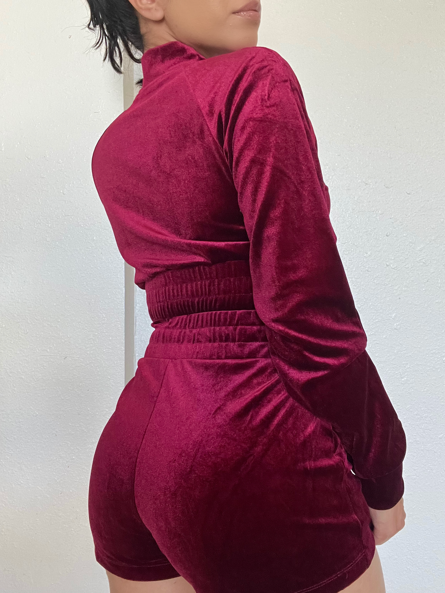 Velour Two Piece Short Set -Wine
