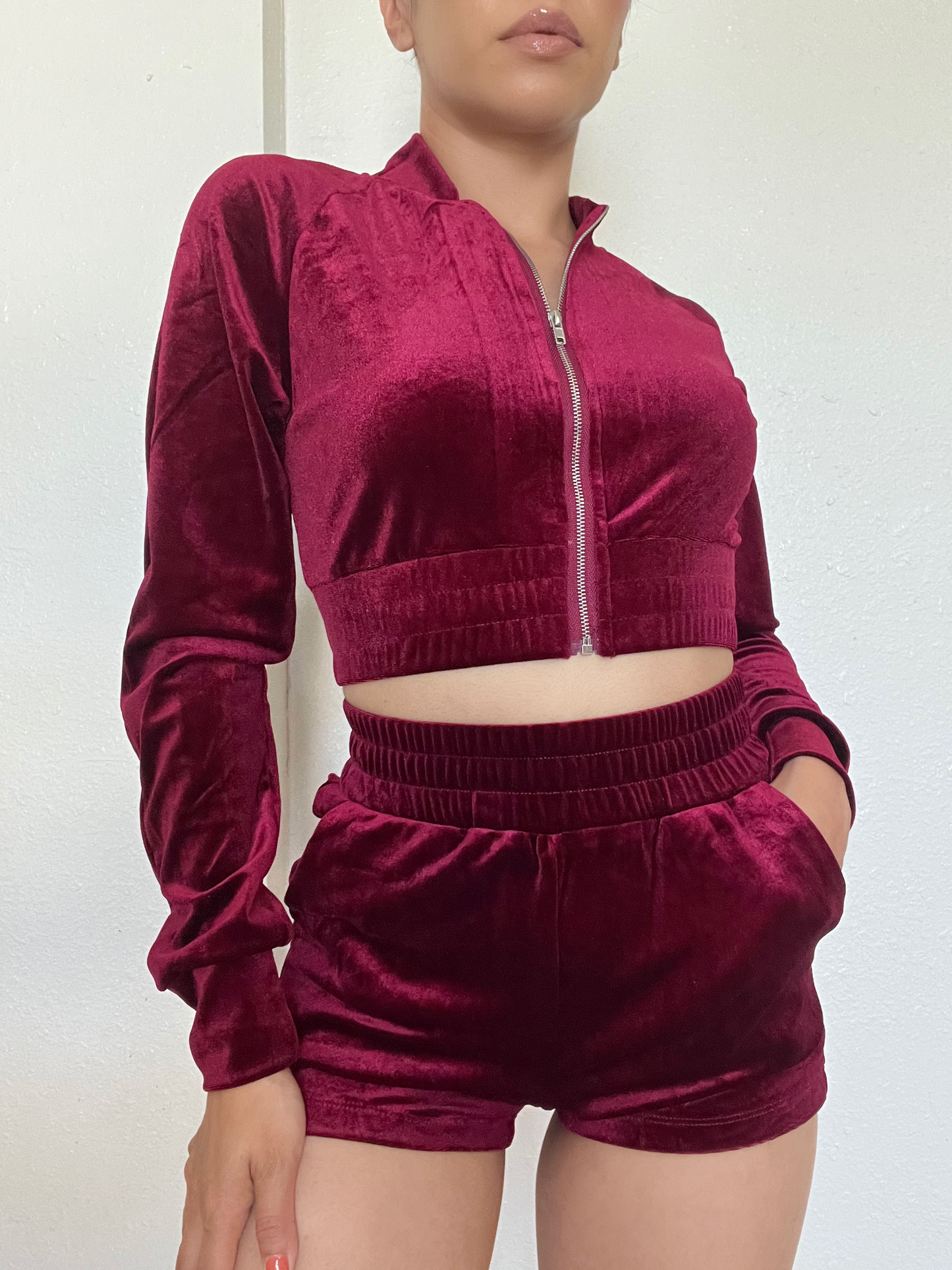 Velour Two Piece Short Set -Wine