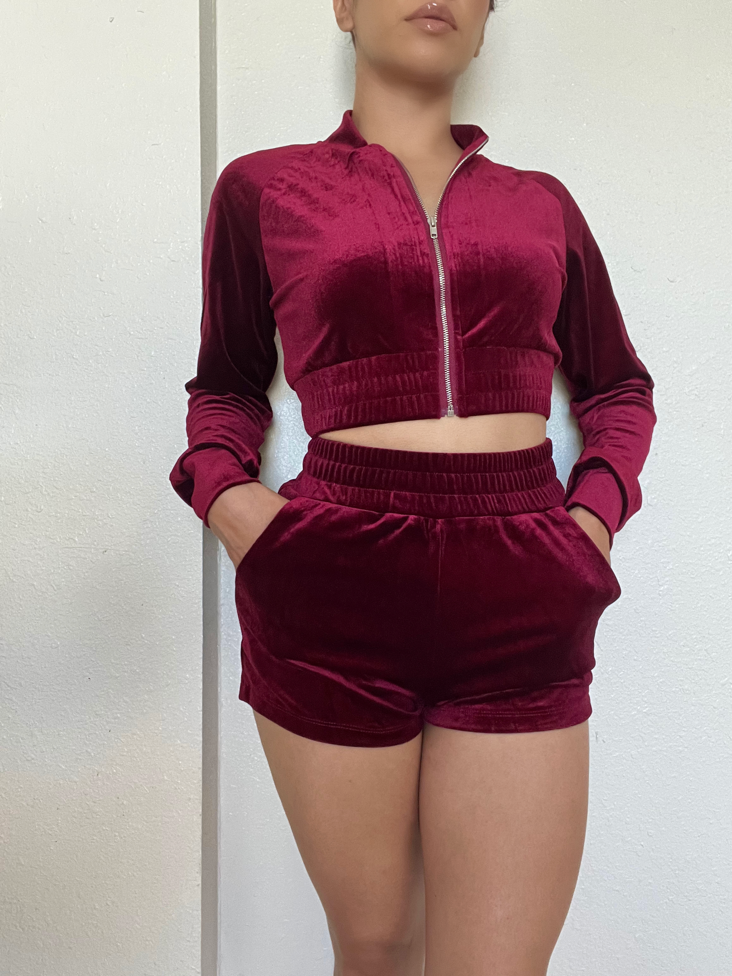Velour Two Piece Short Set -Wine