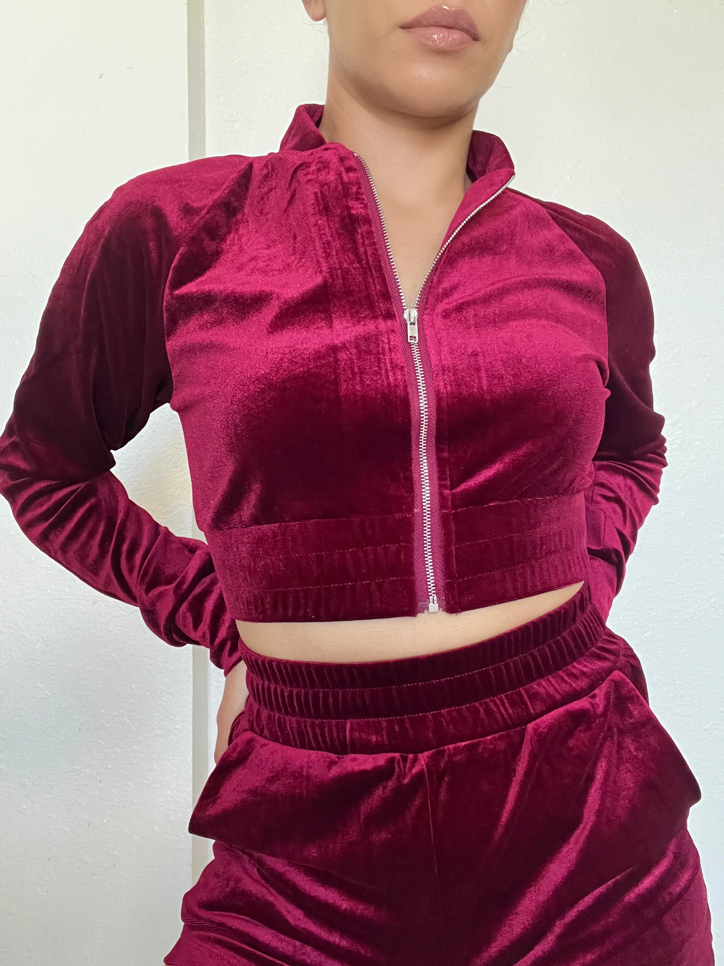 Velour Two Piece Short Set -Wine