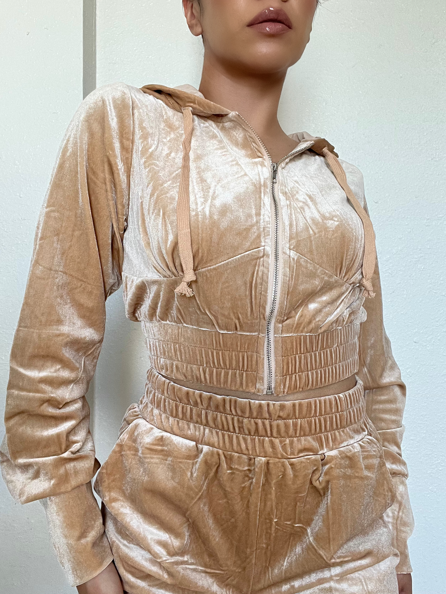 Velvet Velour Two Piece Short Set -Taupe