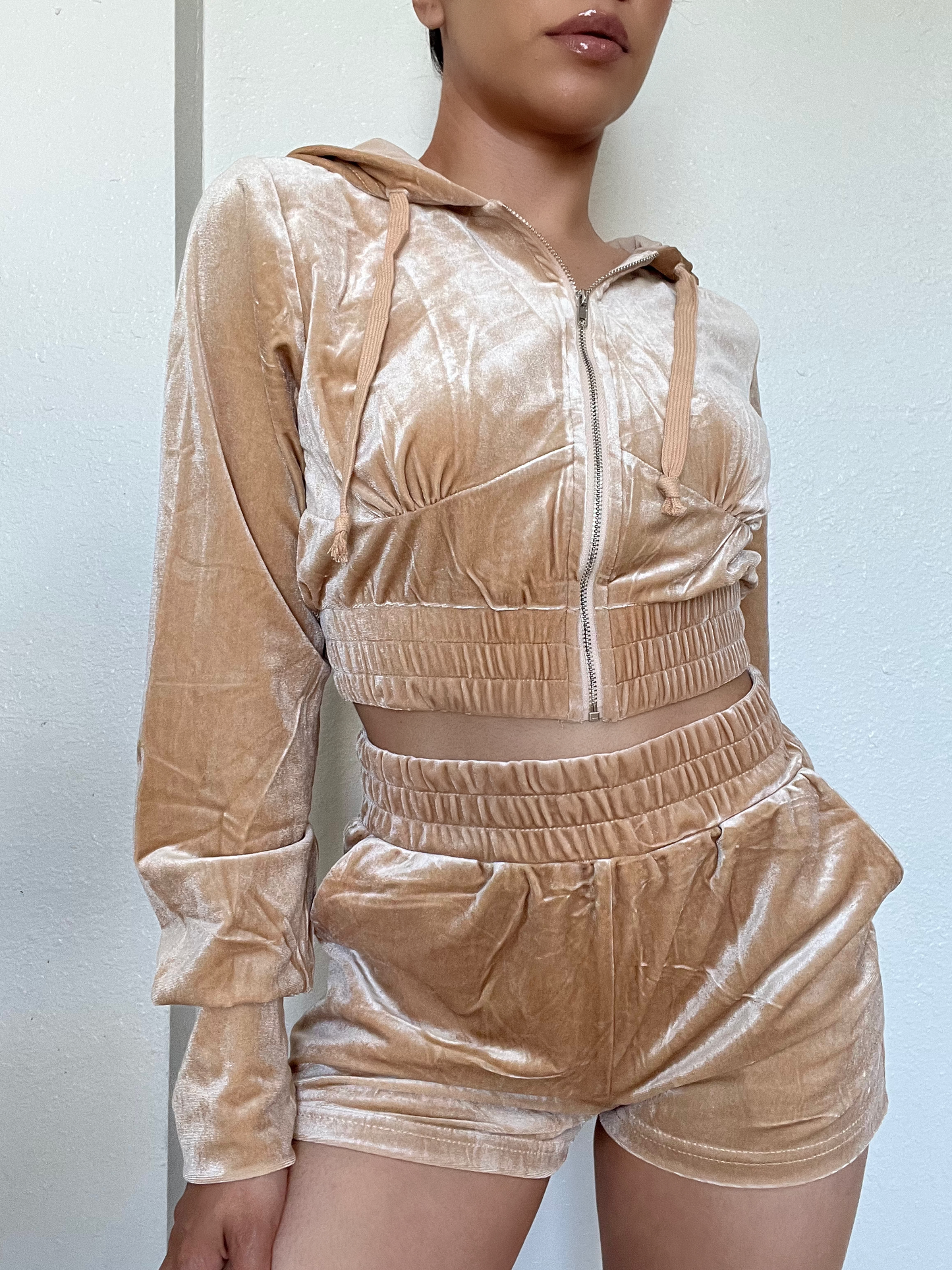 Velvet Velour Two Piece Short Set -Taupe