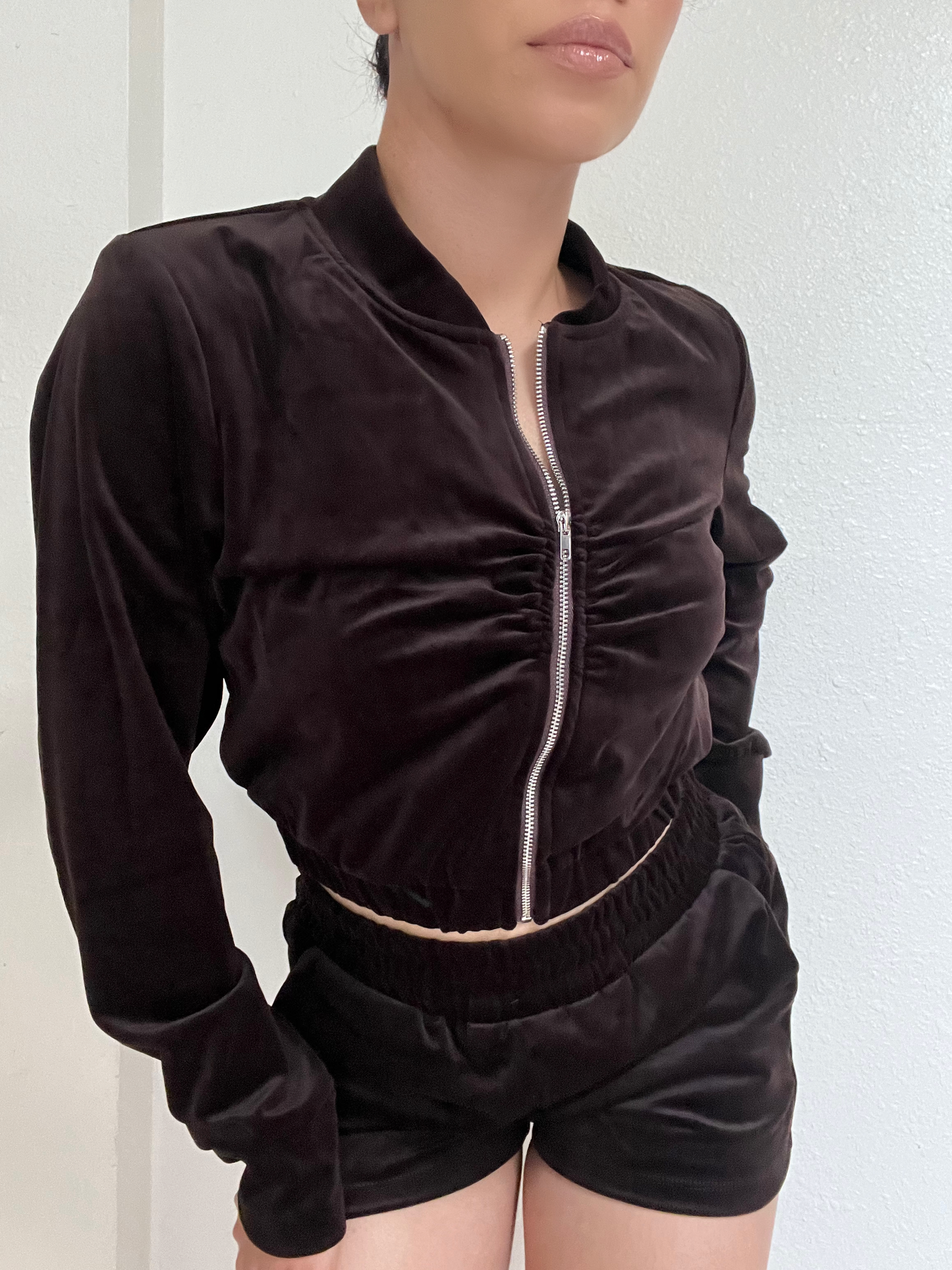 Velour Two Piece Short Set -Brown