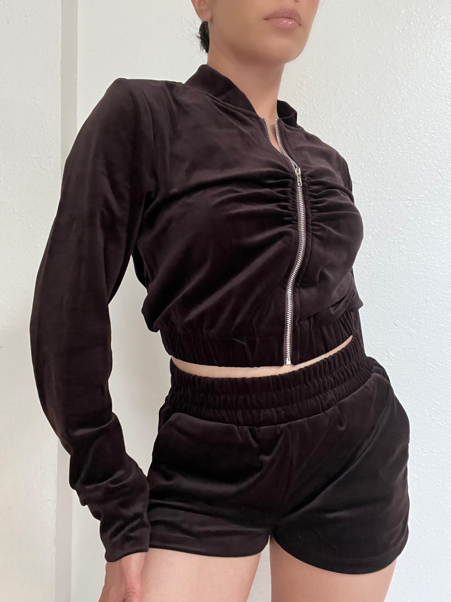 Velour Two Piece Short Set -Brown