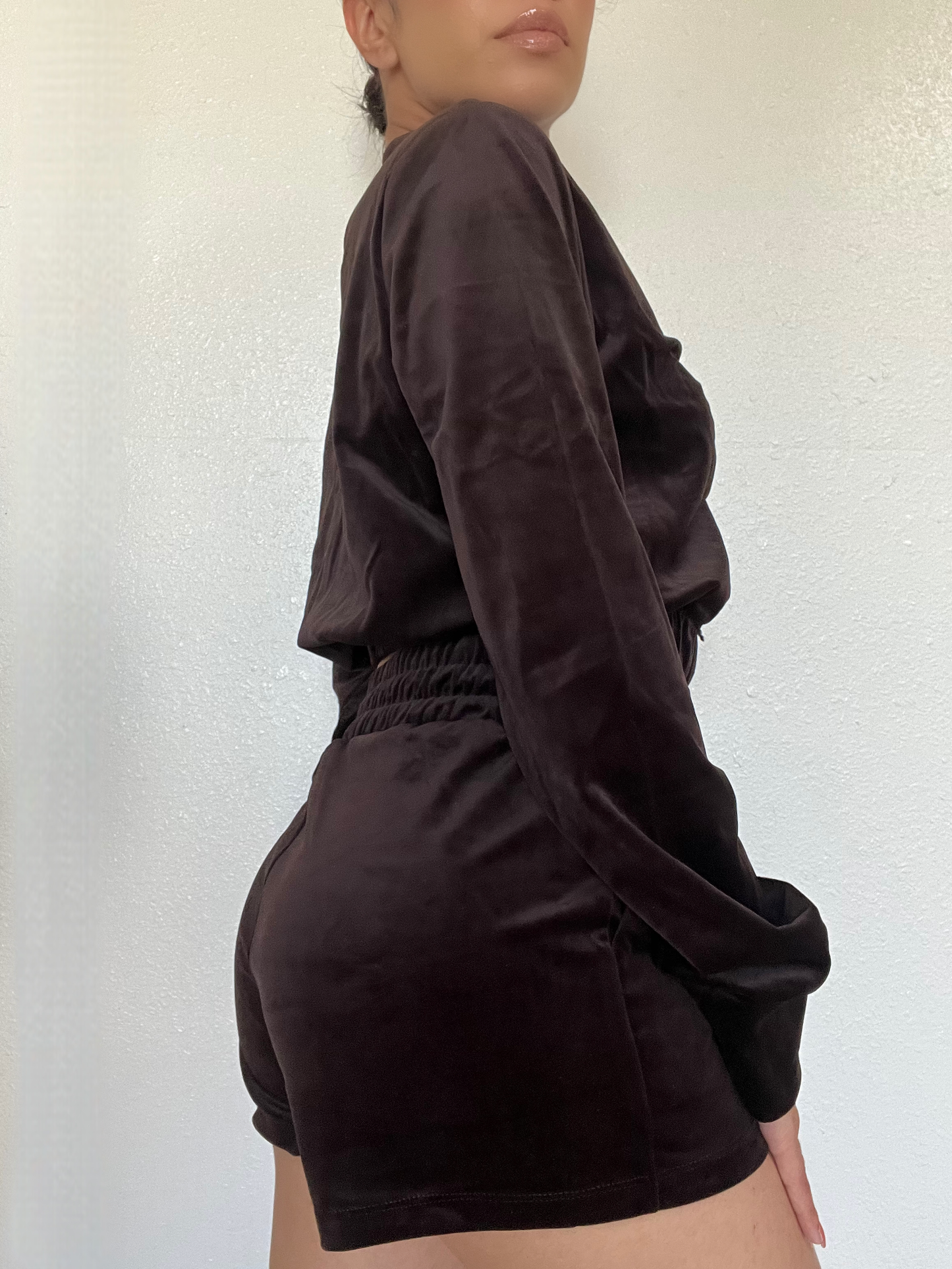 Velour Two Piece Short Set -Brown