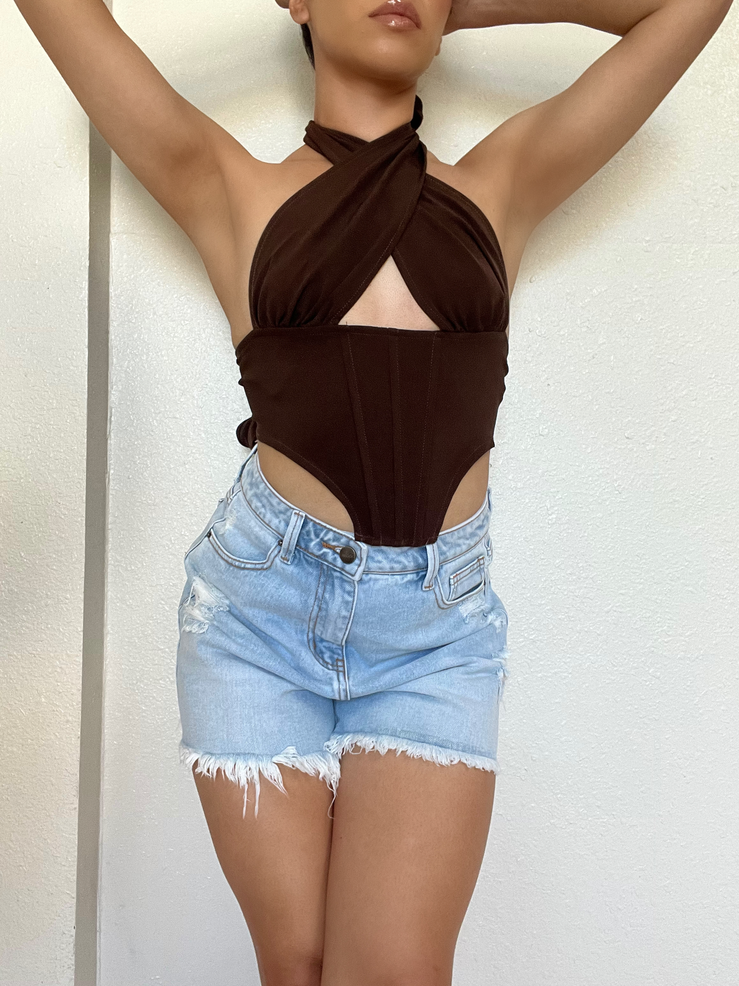 High Rise Distressed Denim Shorts -Light Blue