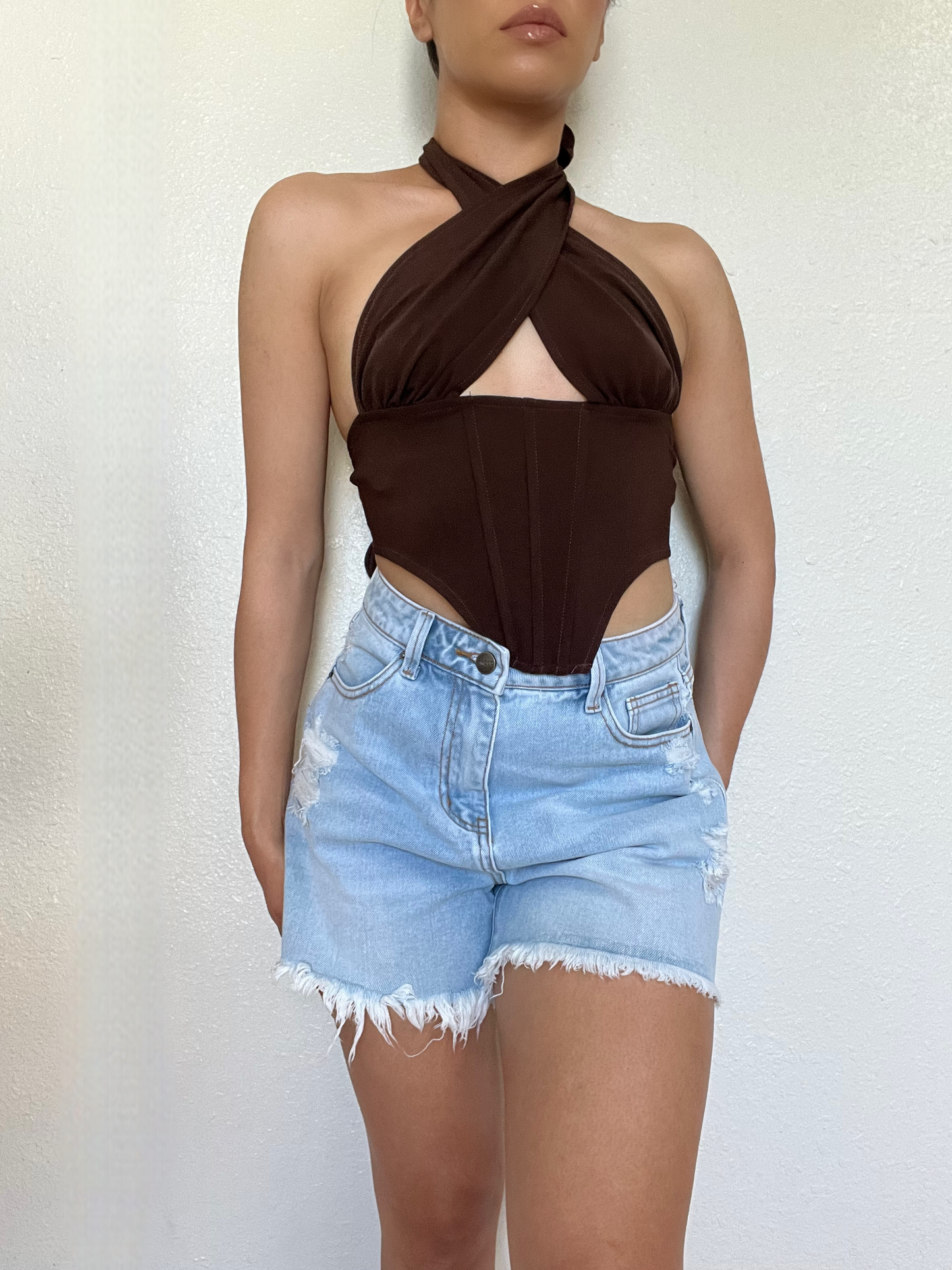 High Rise Distressed Denim Shorts -Light Blue