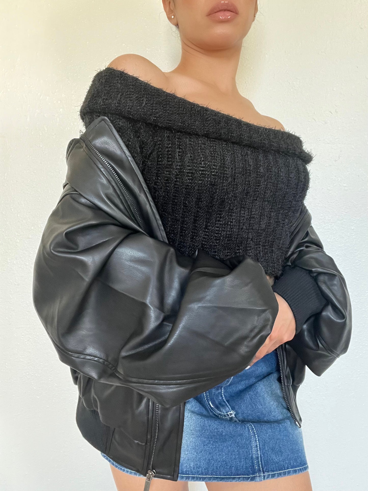 Oversized Bomber Vegan Leather Jacket -Black