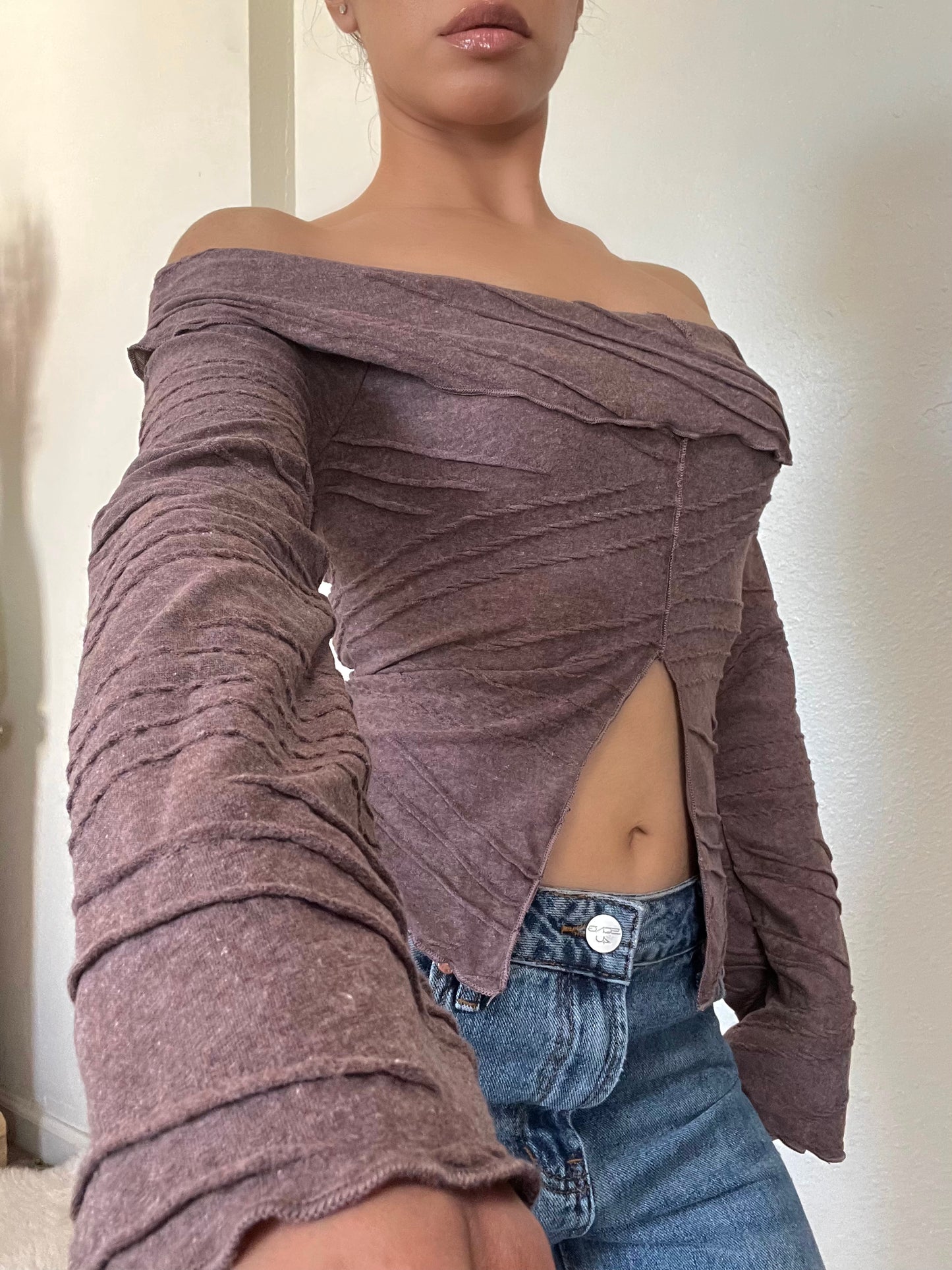 Off Shoulder Front Split Top -Brown