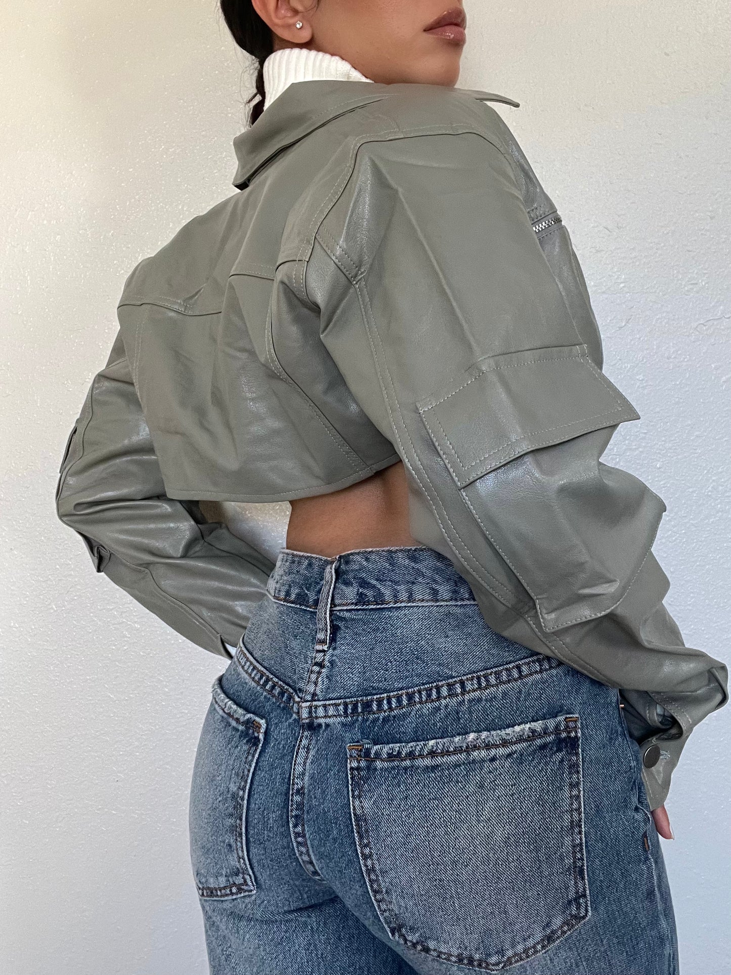 Cropped Faux Leather Jacket -Olive