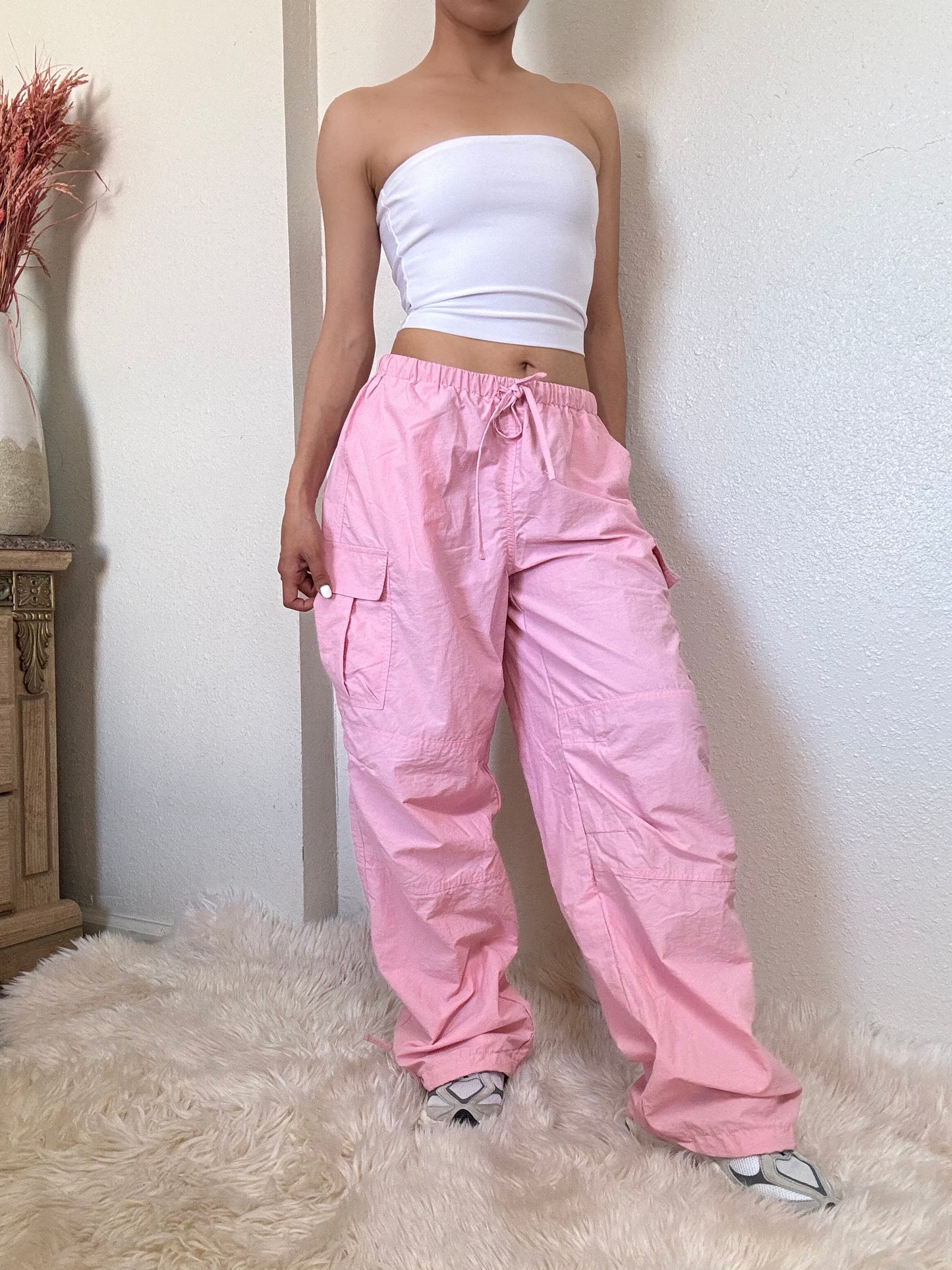 Mid Rise Parachute Cargo Pants -Pink