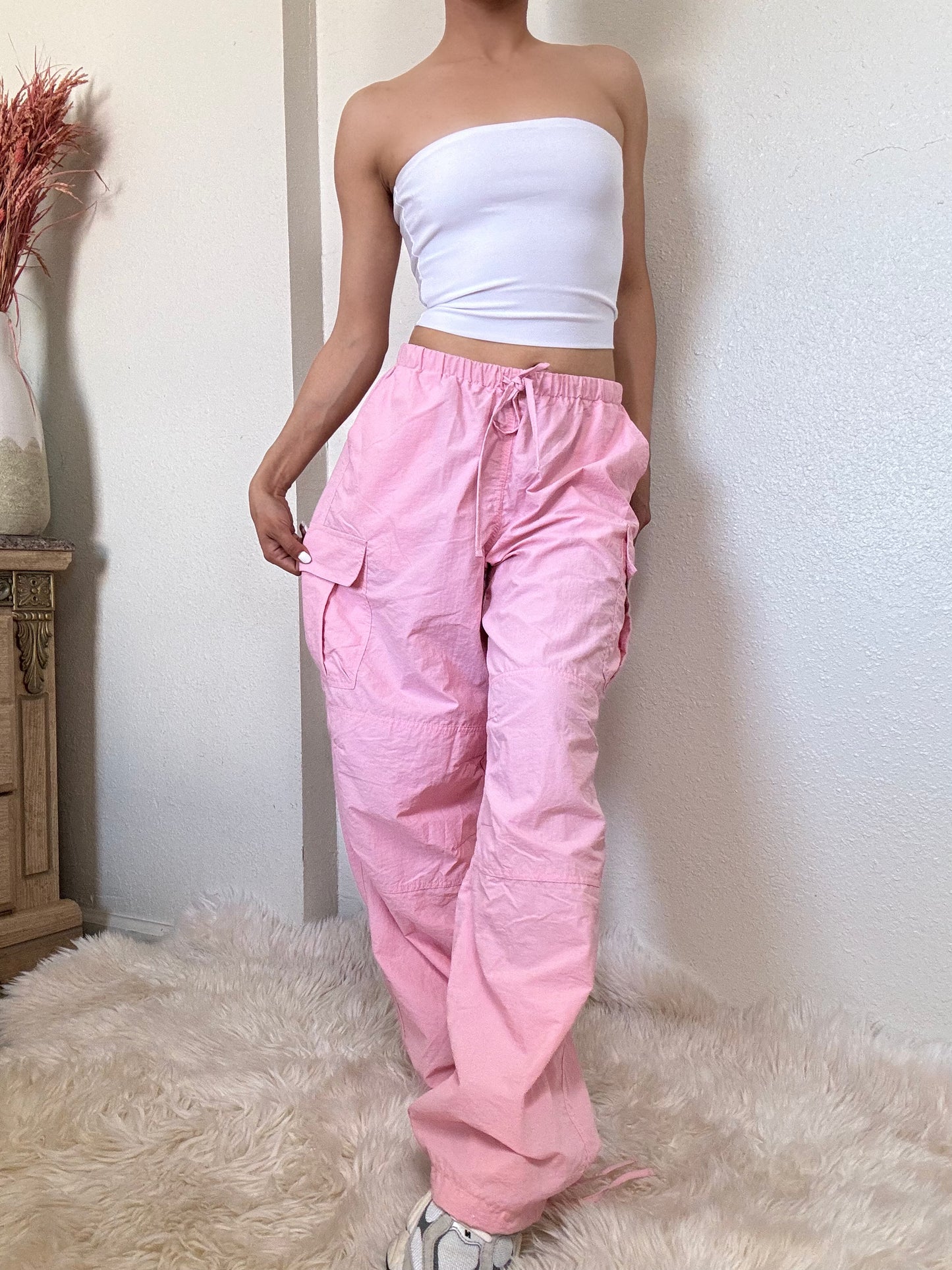 Mid Rise Parachute Cargo Pants -Pink