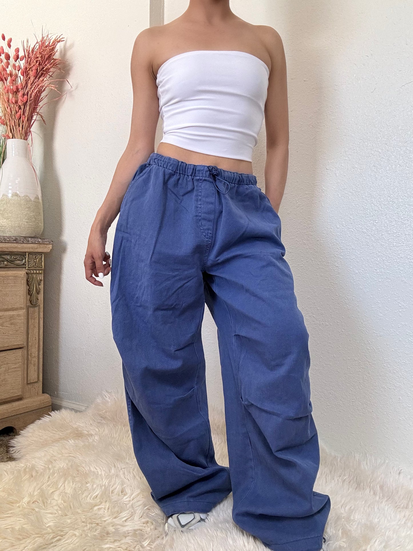 Baggy Mid Rise Parachute Pants -Cobalt