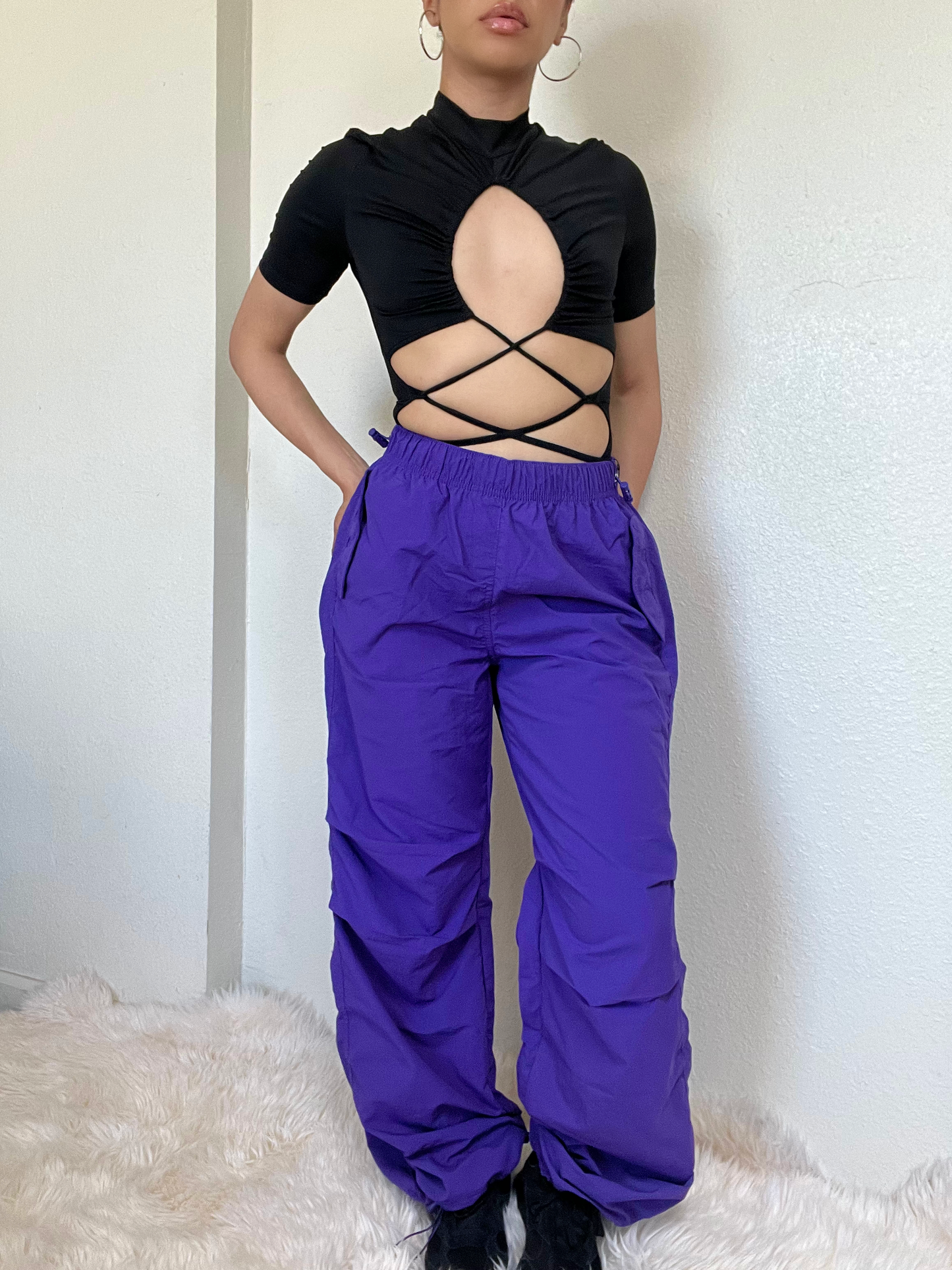 Loose Fit Parachute Pants -Purple