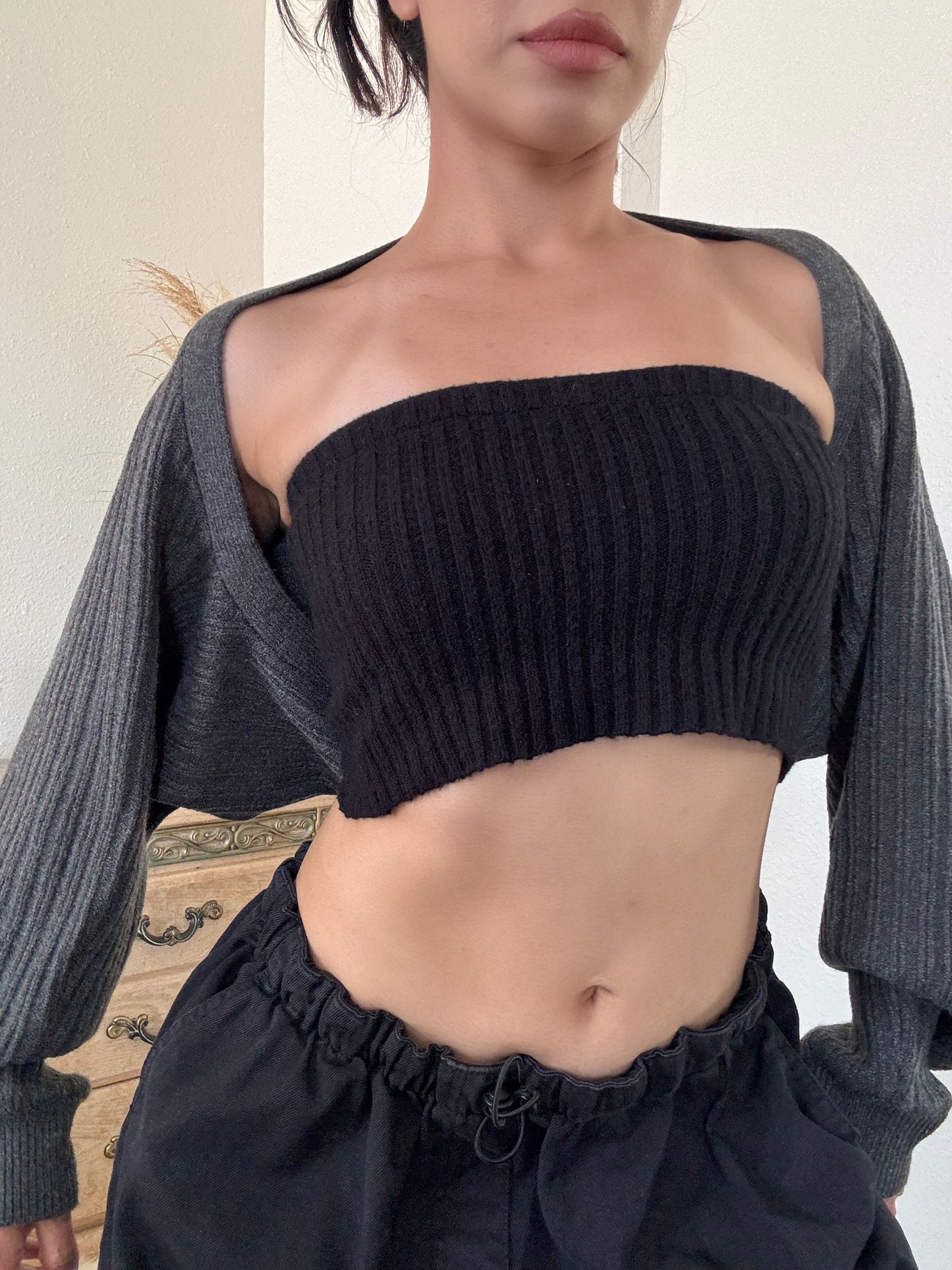 Ribbed Knit Bolero -Charcoal