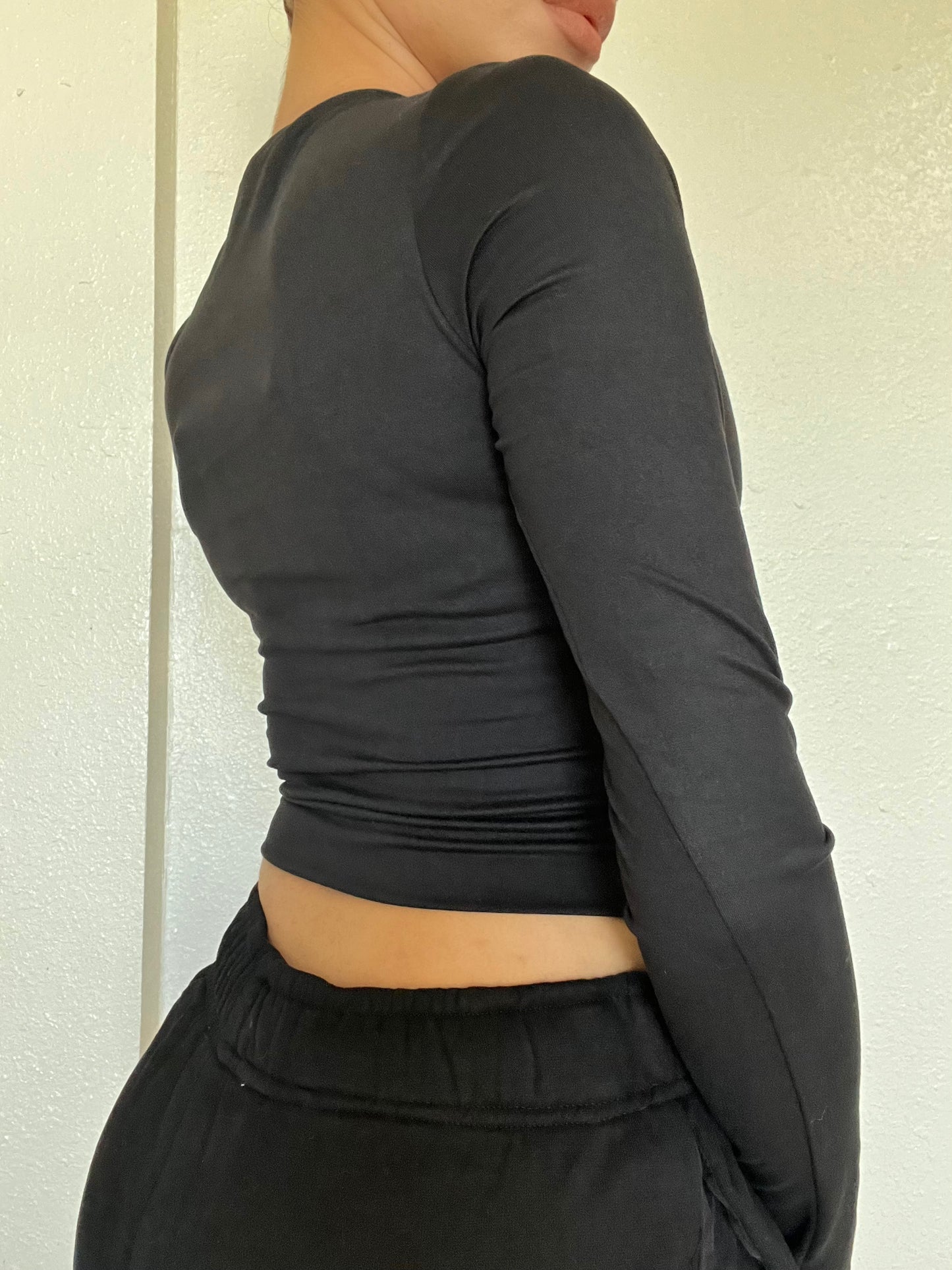 Double Layered Round Neck Crop Top -Black