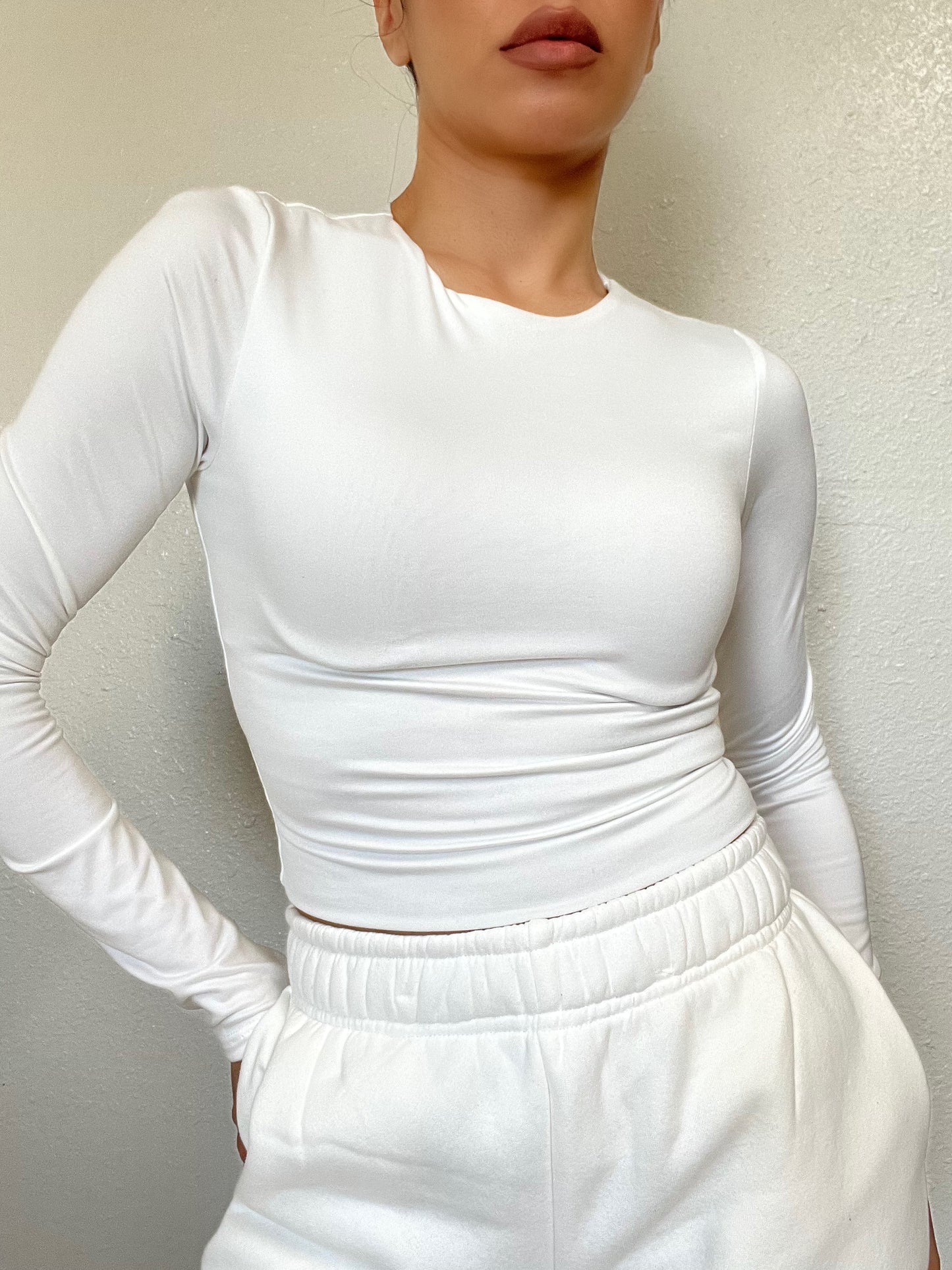 Double Layered Round Neck Crop Top -White