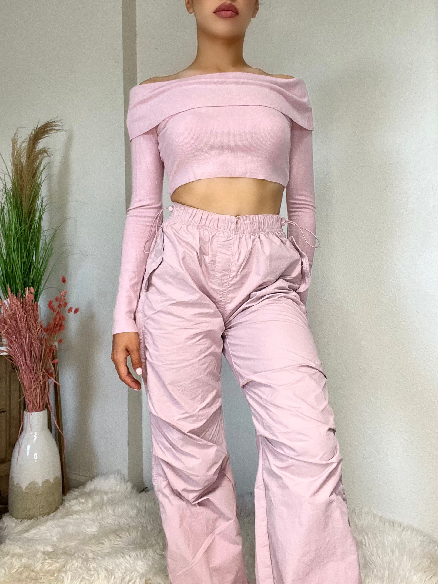 Loose Fit Parachute Pants -Pink Stone