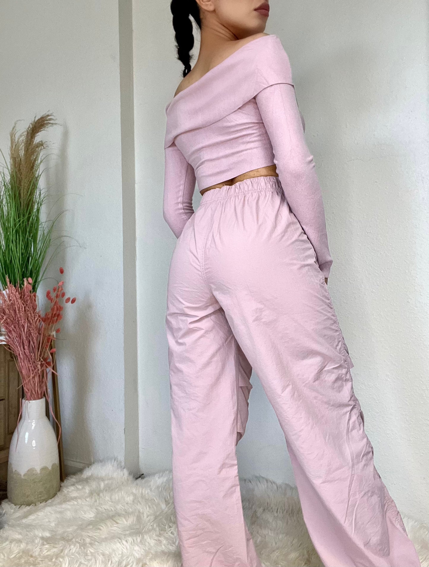Loose Fit Parachute Pants -Pink Stone