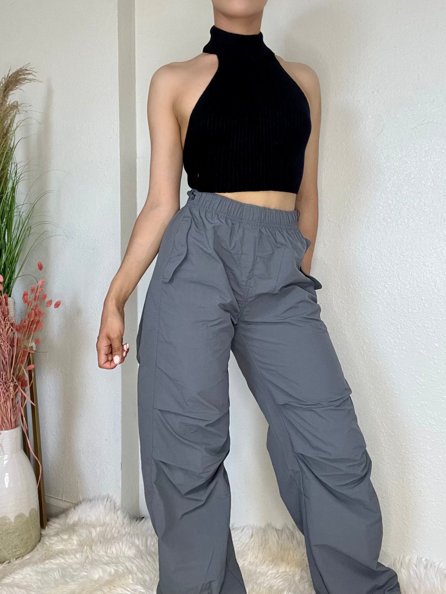 Loose Fit Parachute Pants -Charcoal