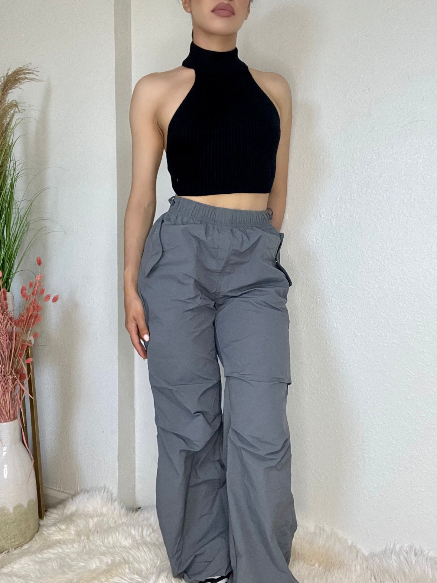 Loose Fit Parachute Pants -Charcoal