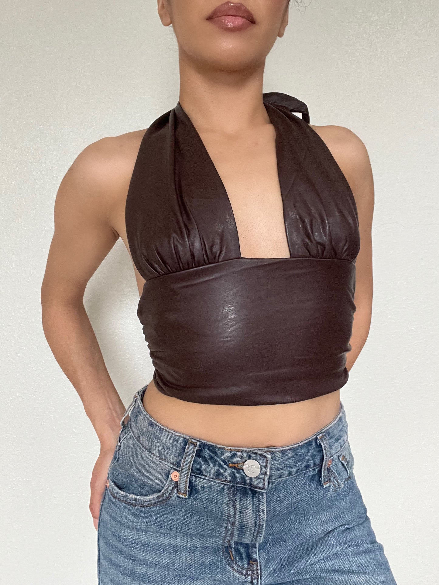 Vegan Leather Halter Corset Top-Brown